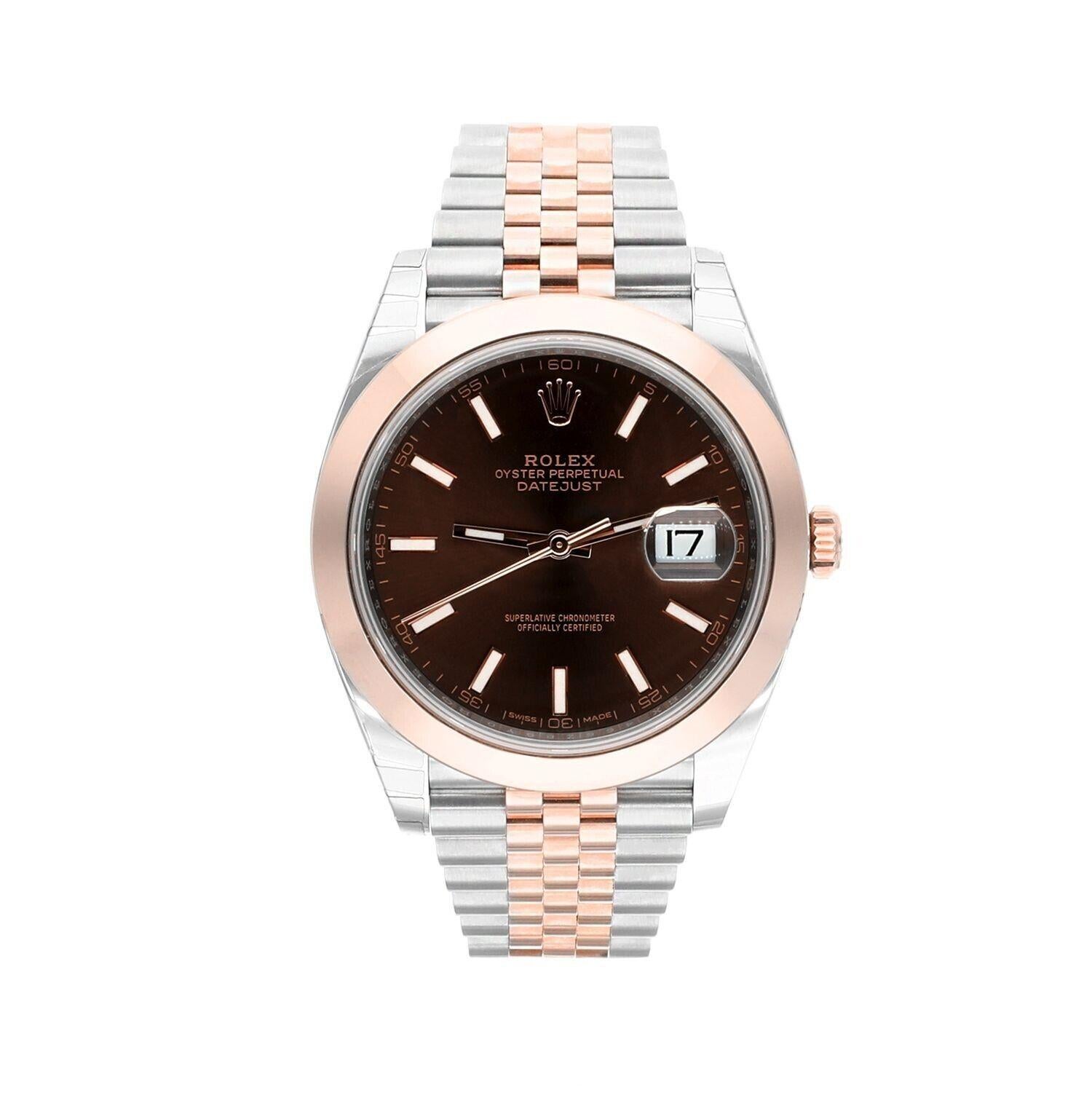 Rolex Datejust 41mm Stainless Steel/Rose Gold Jubilee Mens Watch 126301 Complete, with Factory Stickers.
New Old Stock. Has never been worn. Comes complete and is covered by our 2 year in house warranty.

Stainless steel case with a stainless steel