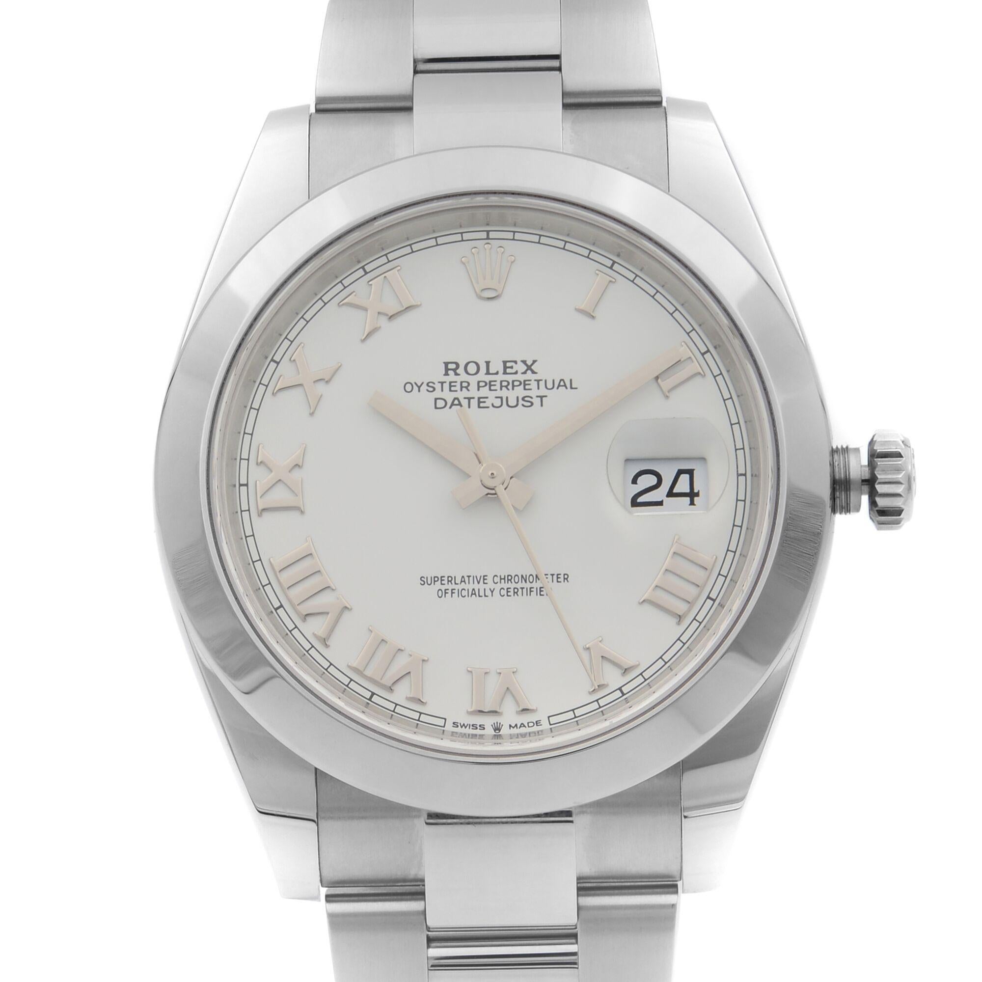 This New Without Tags Rolex Datejust 126300 is a beautiful men's timepiece that is powered by a mechanical (automatic) movement which is cased in a stainless steel case. It has a round shape face, date indicator dial, and has hand roman numerals