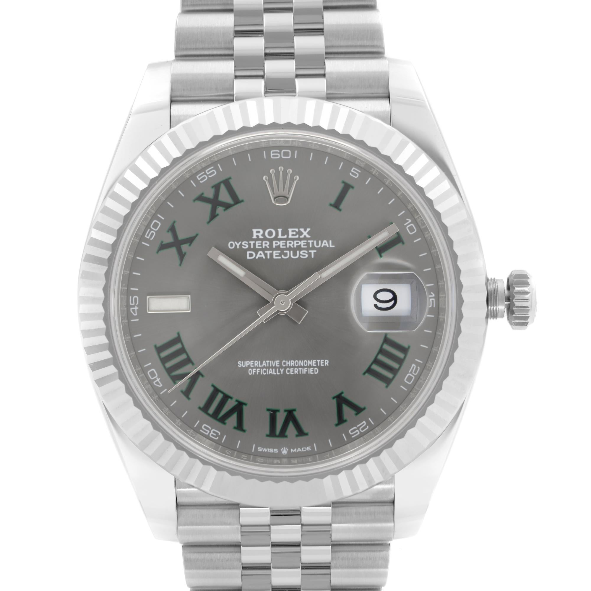 Display Model Rolex Datejust 41 18K White Gold Bezel Wimbledon Dial Automatic Watch 126334. 2021 card. This Beautiful Timepiece Features: Stainless Steel Case With a Stainless Steel Jubilee Bracelet, Fixed 18kt White Gold Fluted Bezel, Slate Dial