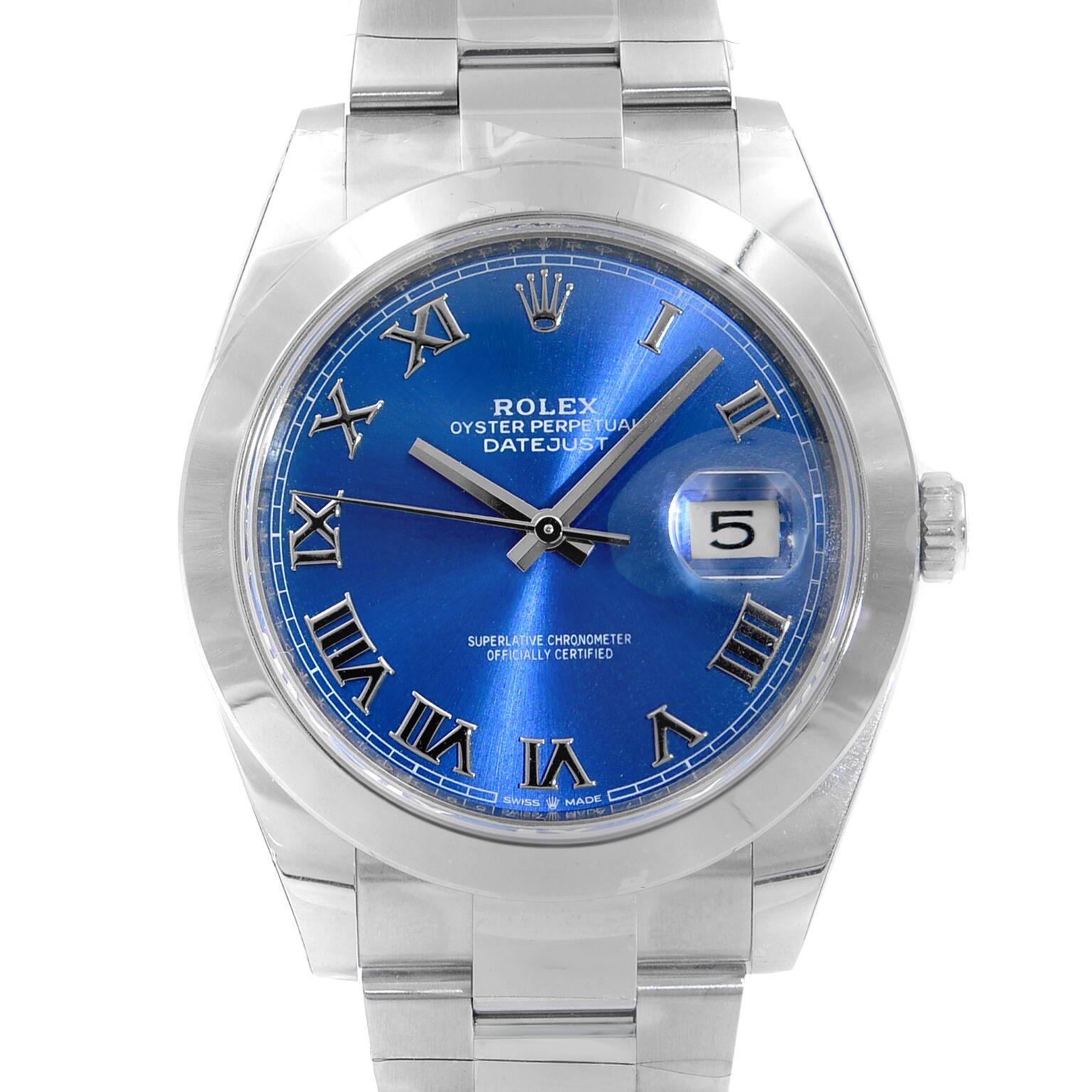 This brand new Rolex Datejust 41 126300 is a beautiful men's timepiece that is powered by a mechanical (automatic) movement which is cased in a stainless steel case. It has a round shape face, date indicator dial, and has hand roman numerals style