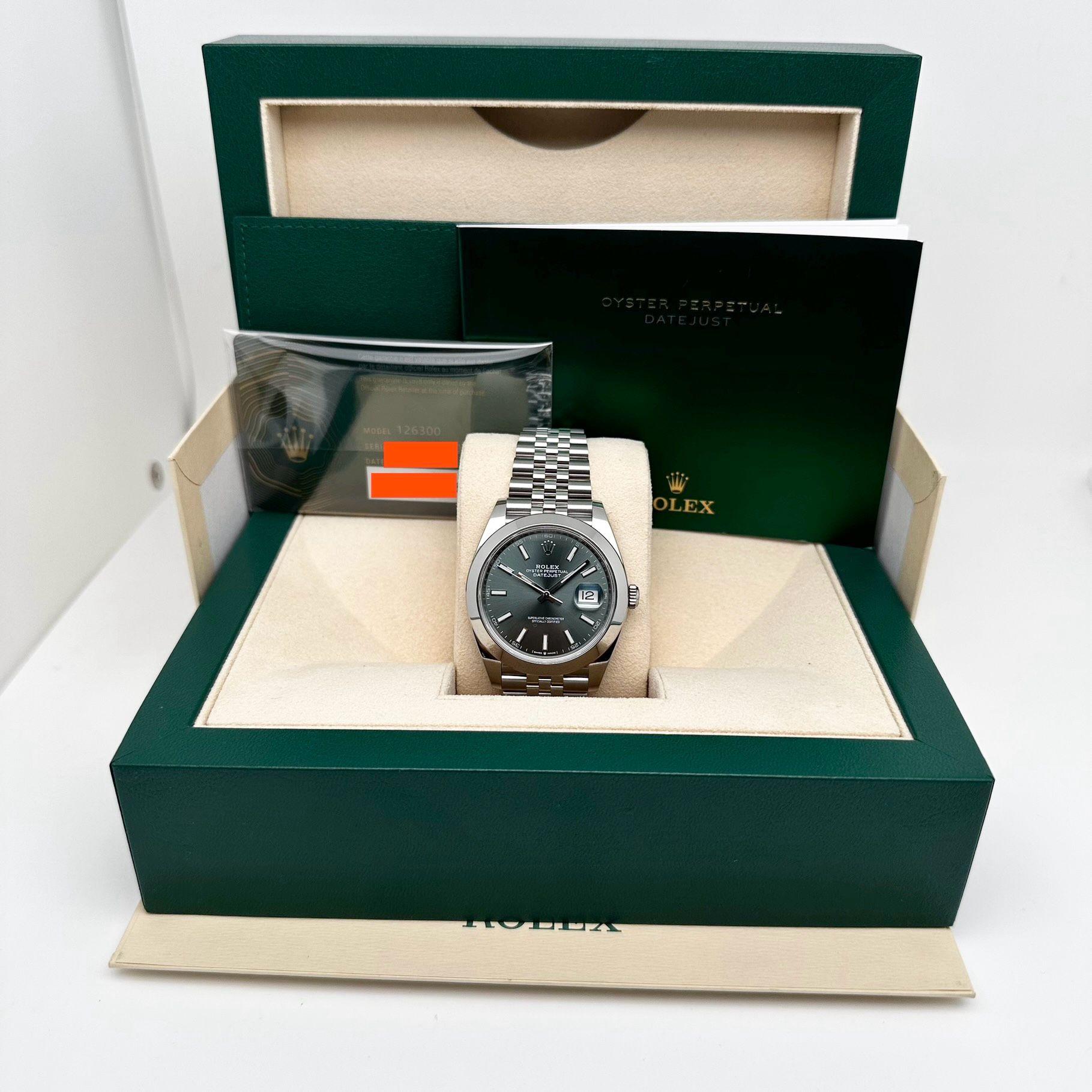 Unworn. Comes with the original box and papers.

Brand: Rolex
Model: Rolex Datejust 126300
Model Number: M126300-0014
Movement: Mechanical (Automatic), Rolex Caliber 3235
Origin: Made in Switzerland
Style: Luxury
Year Manufactured: