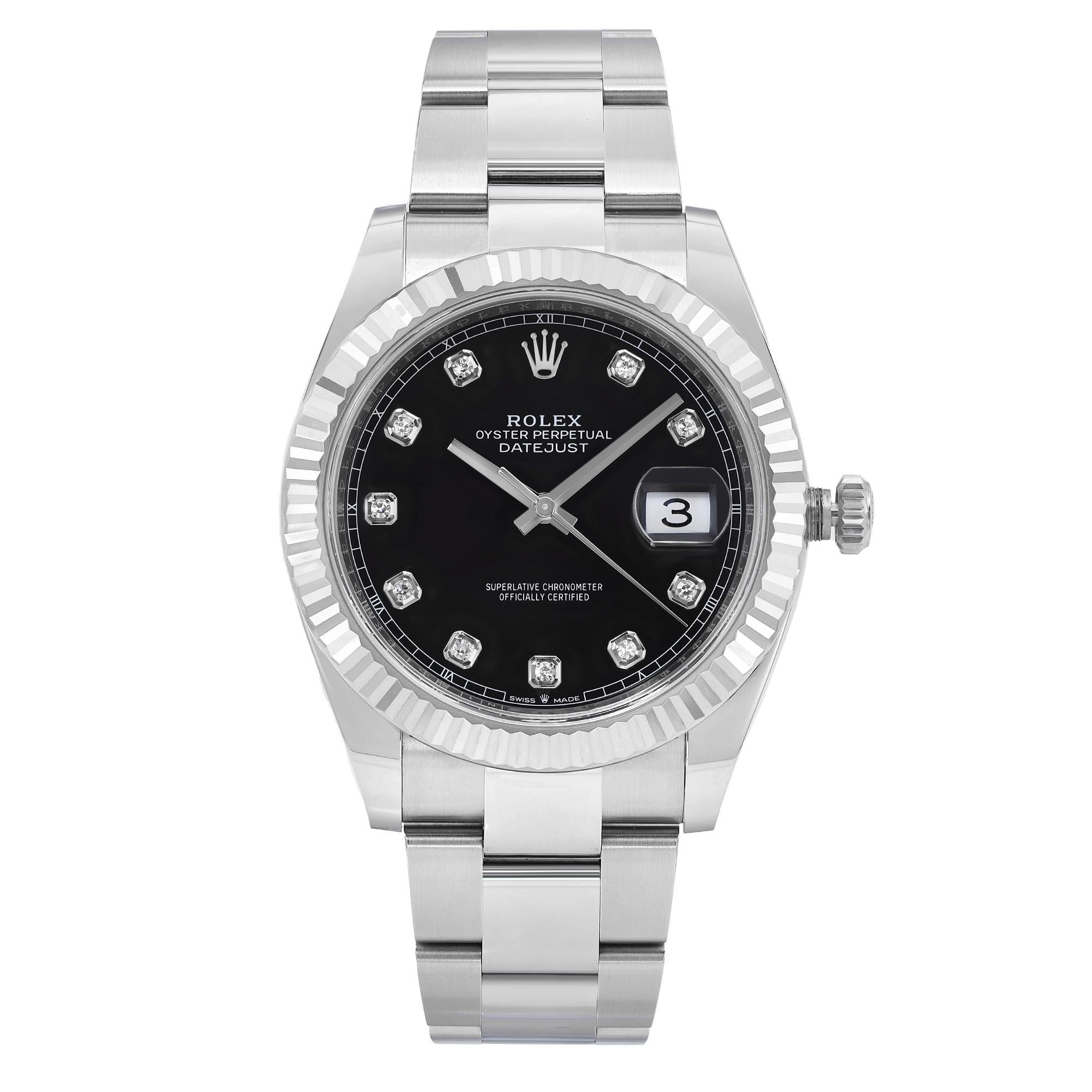 Rolex Datejust Steel White Gold Bezel Black Diamond Dial Mens Watch 126334