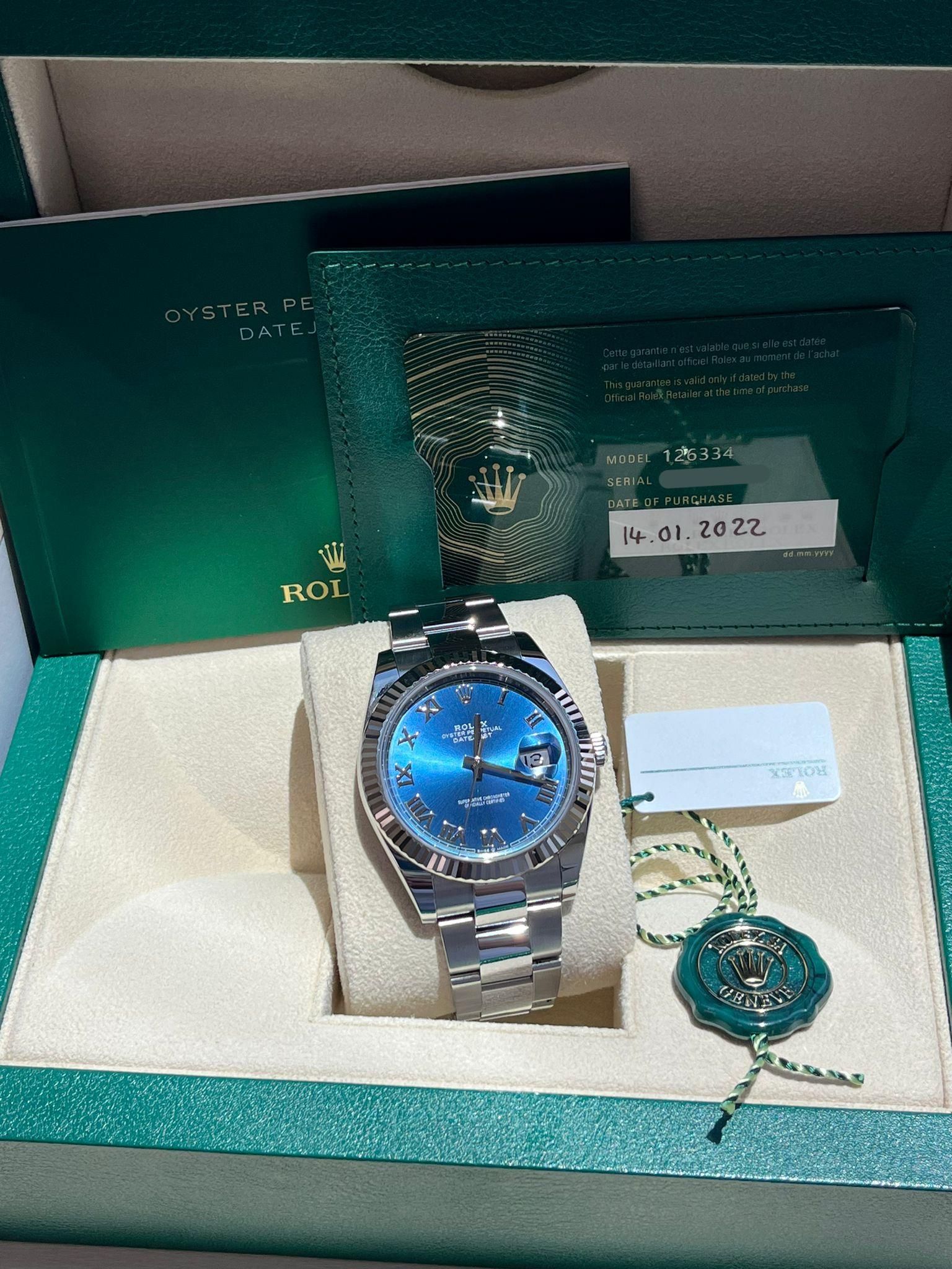 Rolex Datejust 41mm Steel White Gold Blue Dial Fluted Bezel Oyster Watch 126334 For Sale 6