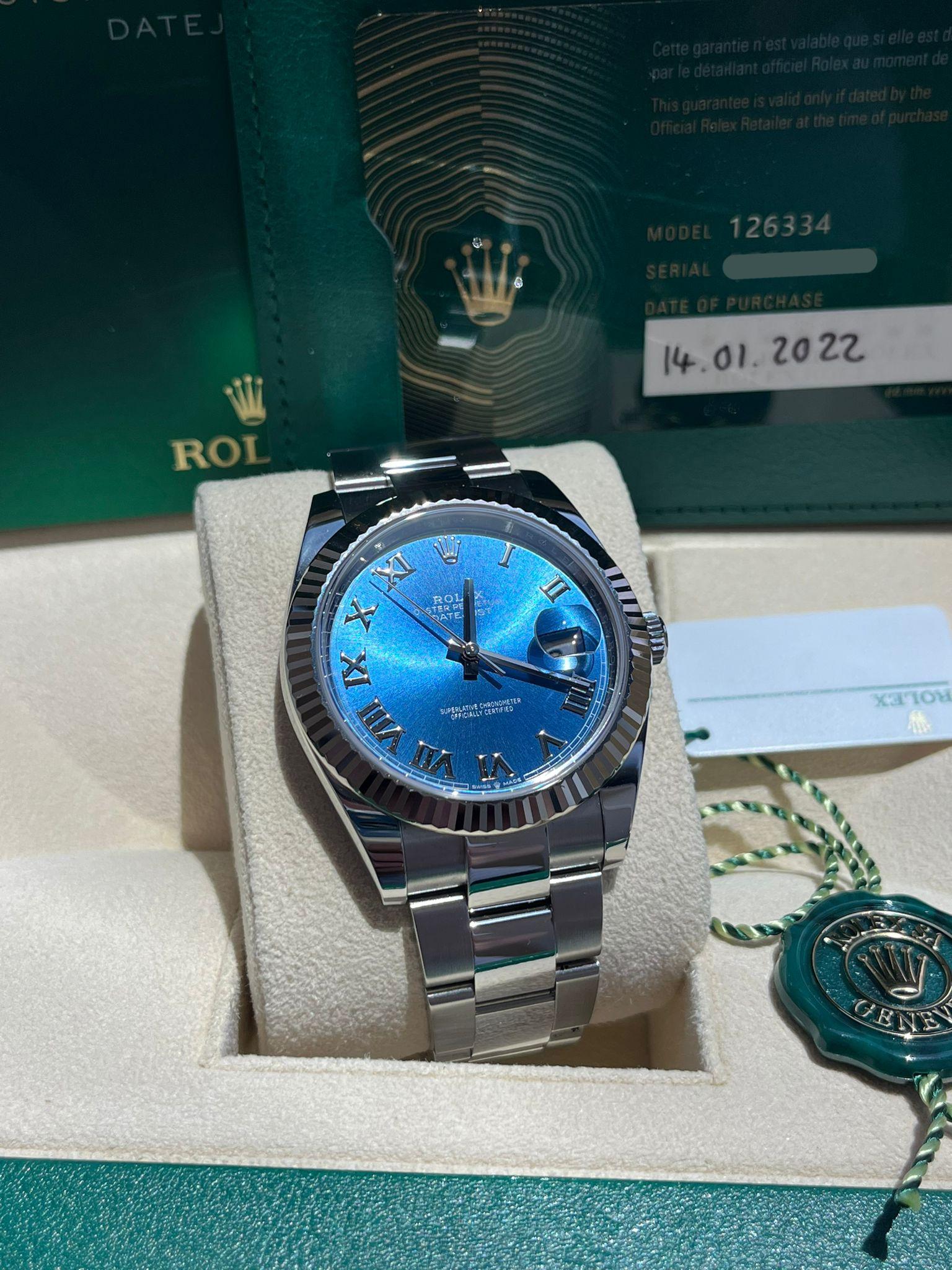Rolex Datejust 41mm Steel White Gold Blue Dial Fluted Bezel Oyster Watch 126334 For Sale 7