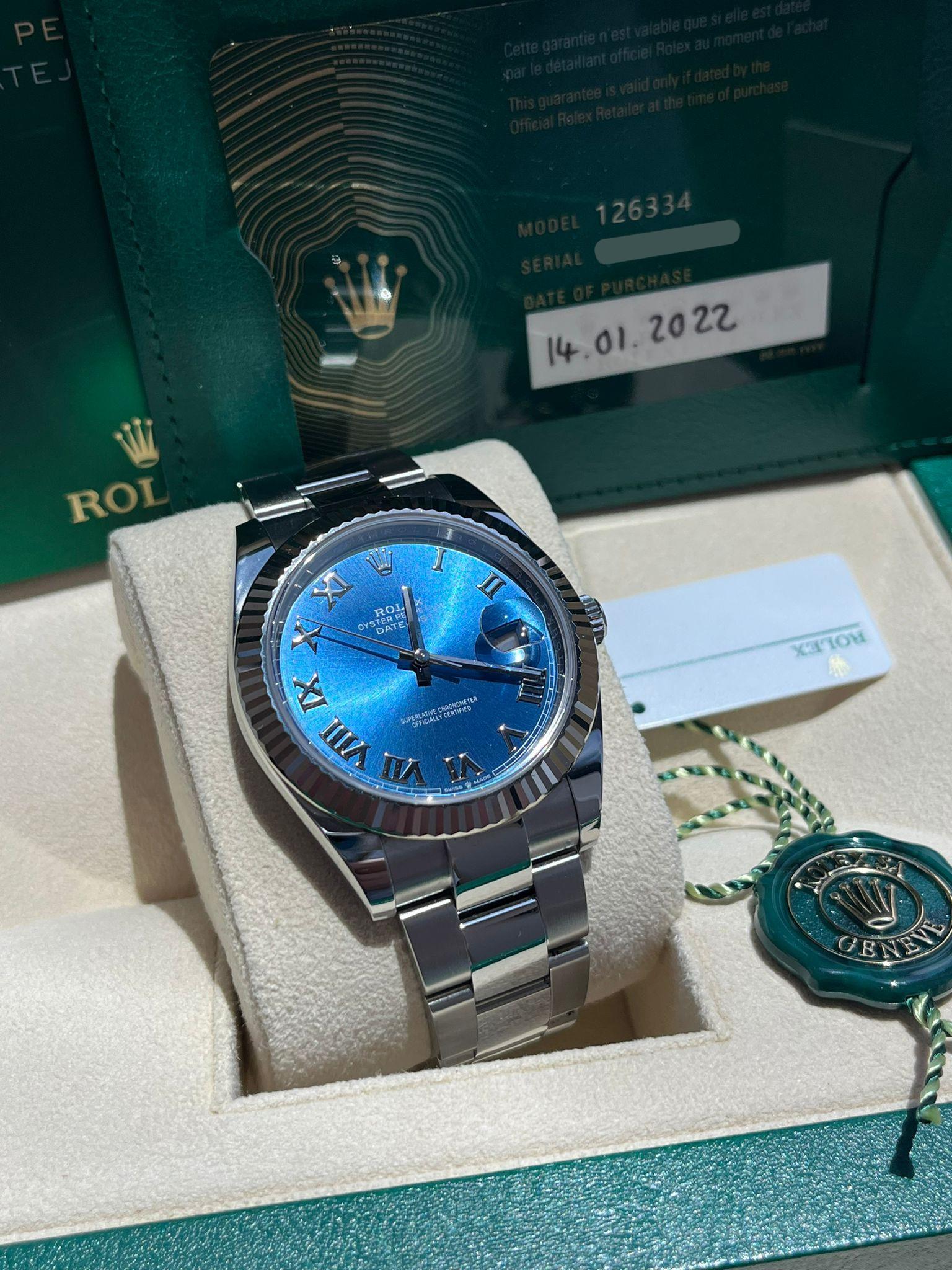 Rolex Datejust 41mm Steel White Gold Blue Dial Fluted Bezel Oyster Watch 126334 For Sale 8