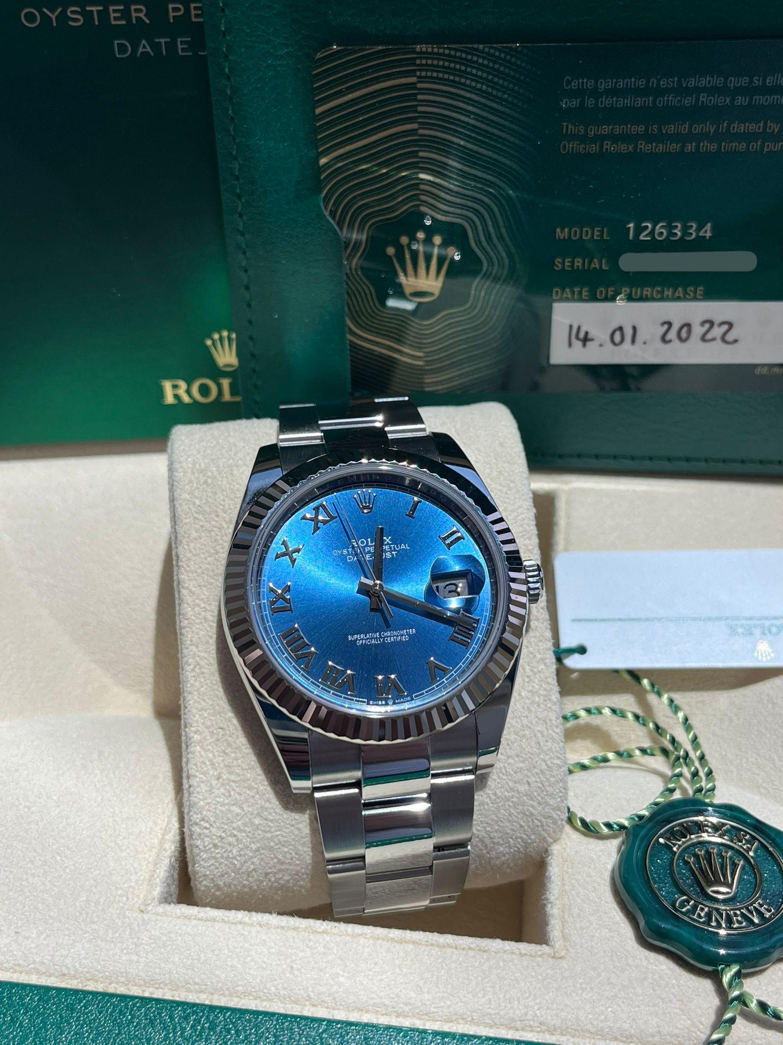 Rolex Datejust 41mm Steel White Gold Blue Dial Fluted Bezel Oyster Watch 126334 For Sale 9