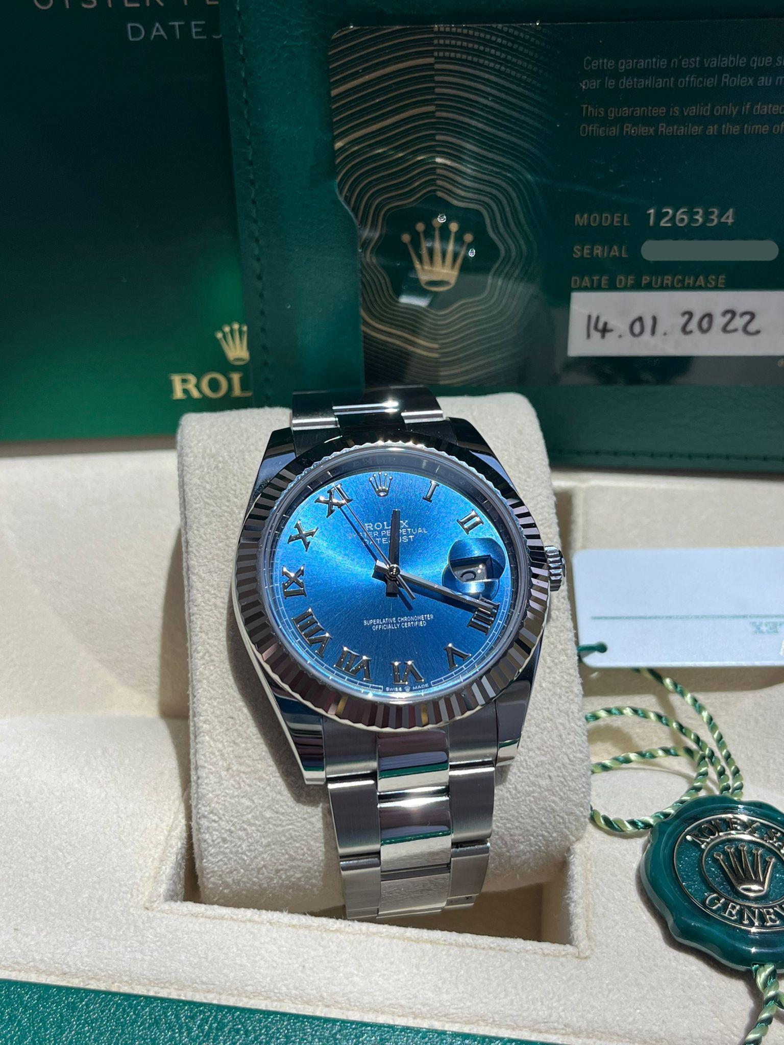 Rolex Datejust 41mm Steel White Gold Blue Dial Fluted Bezel Oyster Watch 126334 For Sale 10