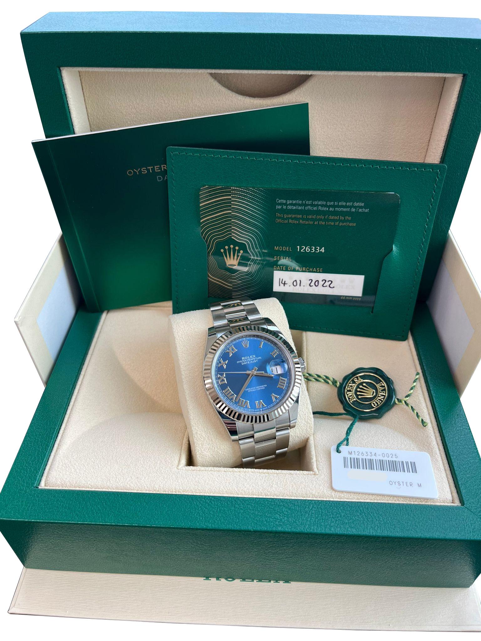 Rolex Datejust 41mm Steel White Gold Blue Dial Fluted Bezel Oyster Watch 126334 In New Condition For Sale In Aventura, FL