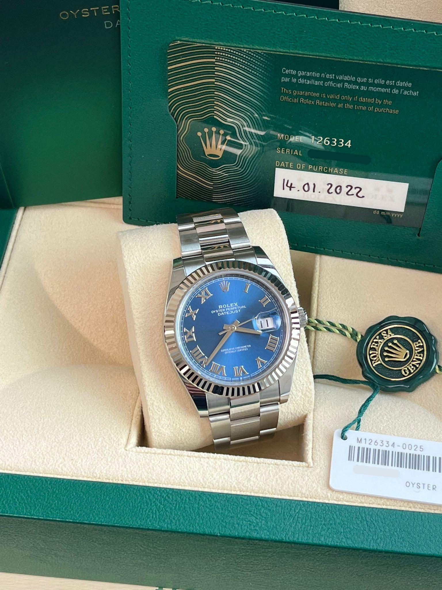 Rolex Datejust 41mm Steel White Gold Blue Dial Fluted Bezel Oyster Watch 126334 For Sale 1