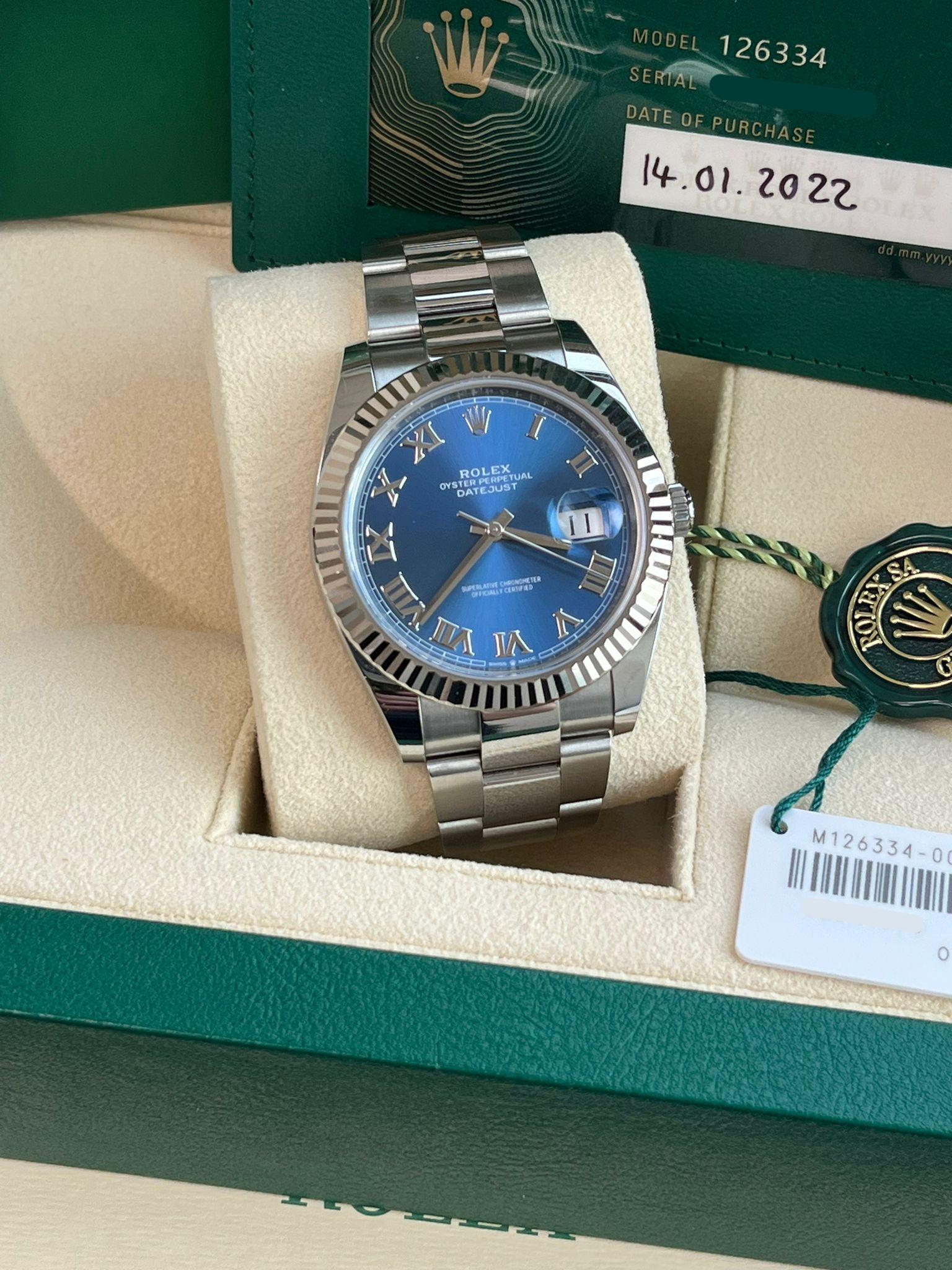 Rolex Datejust 41mm Steel White Gold Blue Dial Fluted Bezel Oyster Watch 126334 For Sale 2