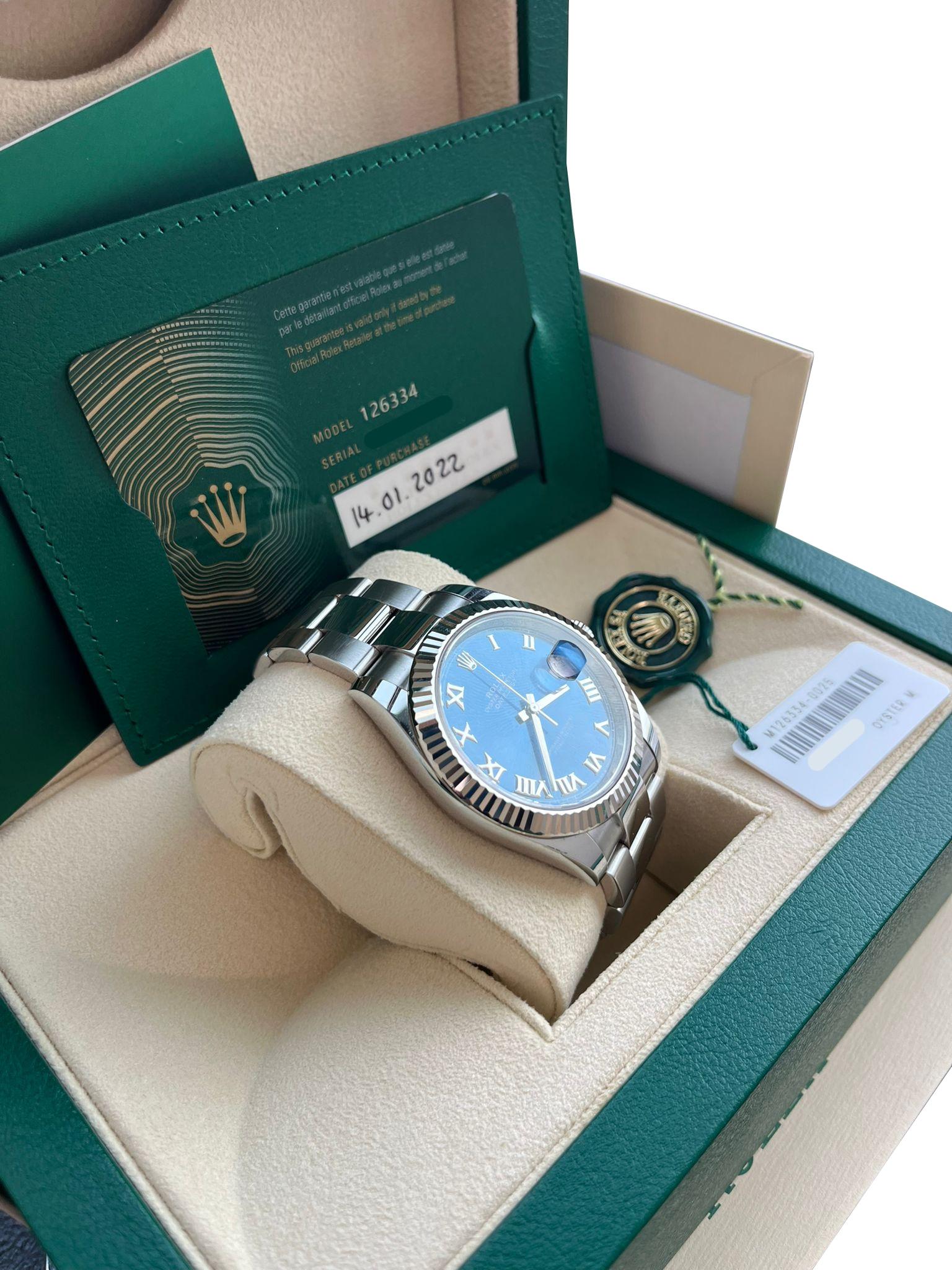 Rolex Datejust 41mm Steel White Gold Blue Dial Fluted Bezel Oyster Watch 126334 For Sale 4