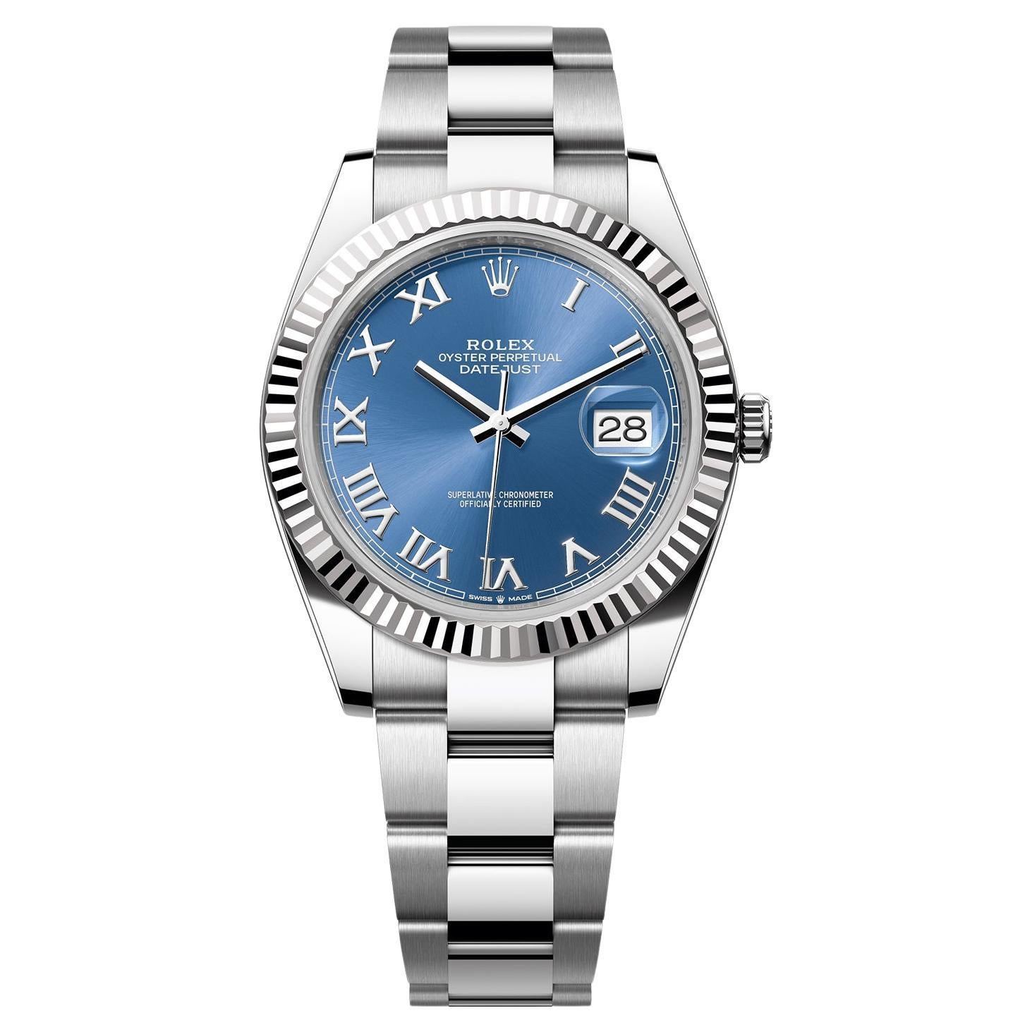 Rolex Datejust 41mm Steel White Gold Blue Dial Fluted Bezel Oyster Watch 126334 For Sale