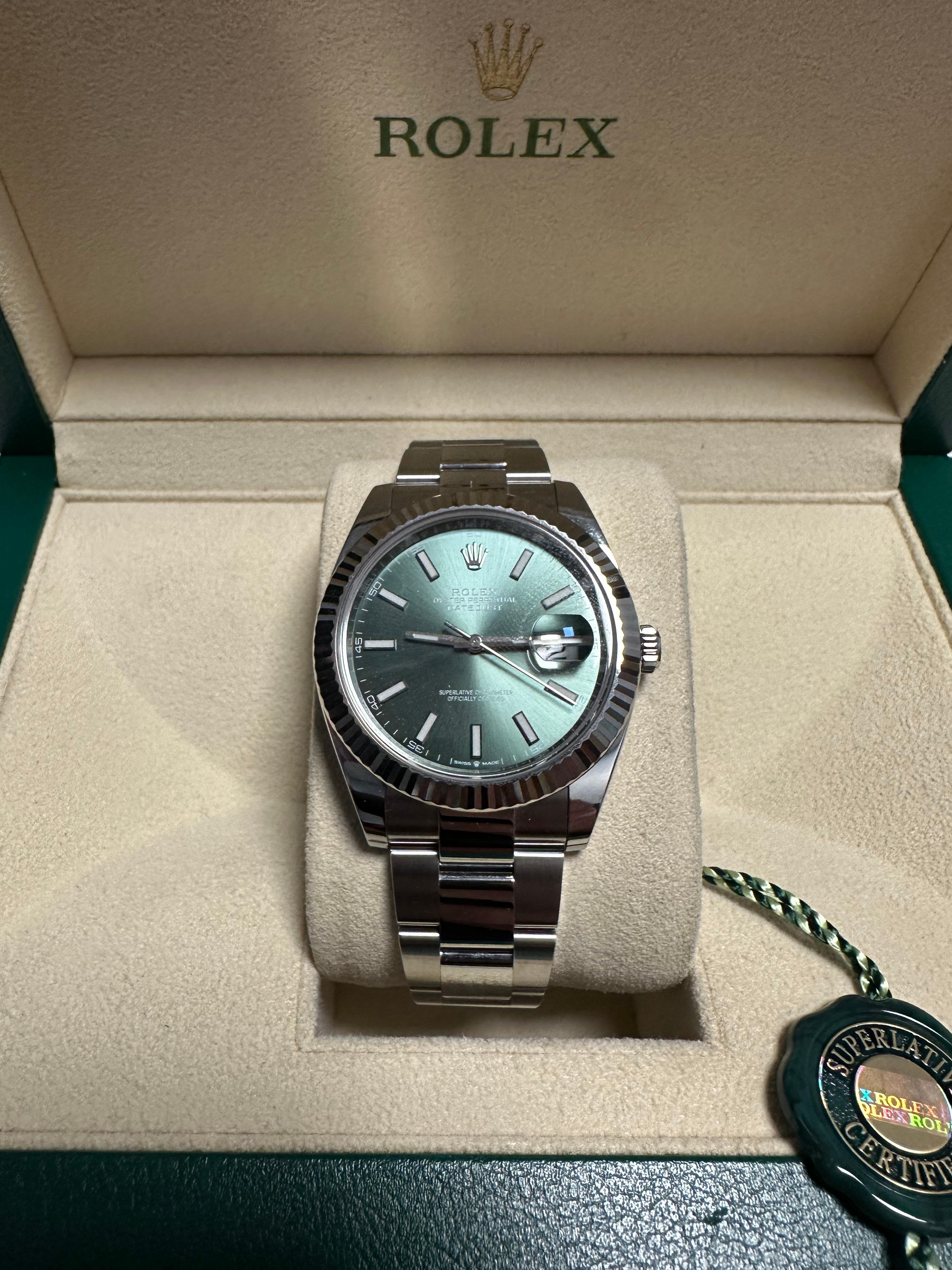 Rolex Datejust 41mm Stick Green Fluted Oyster Bracelet New & Unworn 126334 Watch In New Condition For Sale In Newton, MA