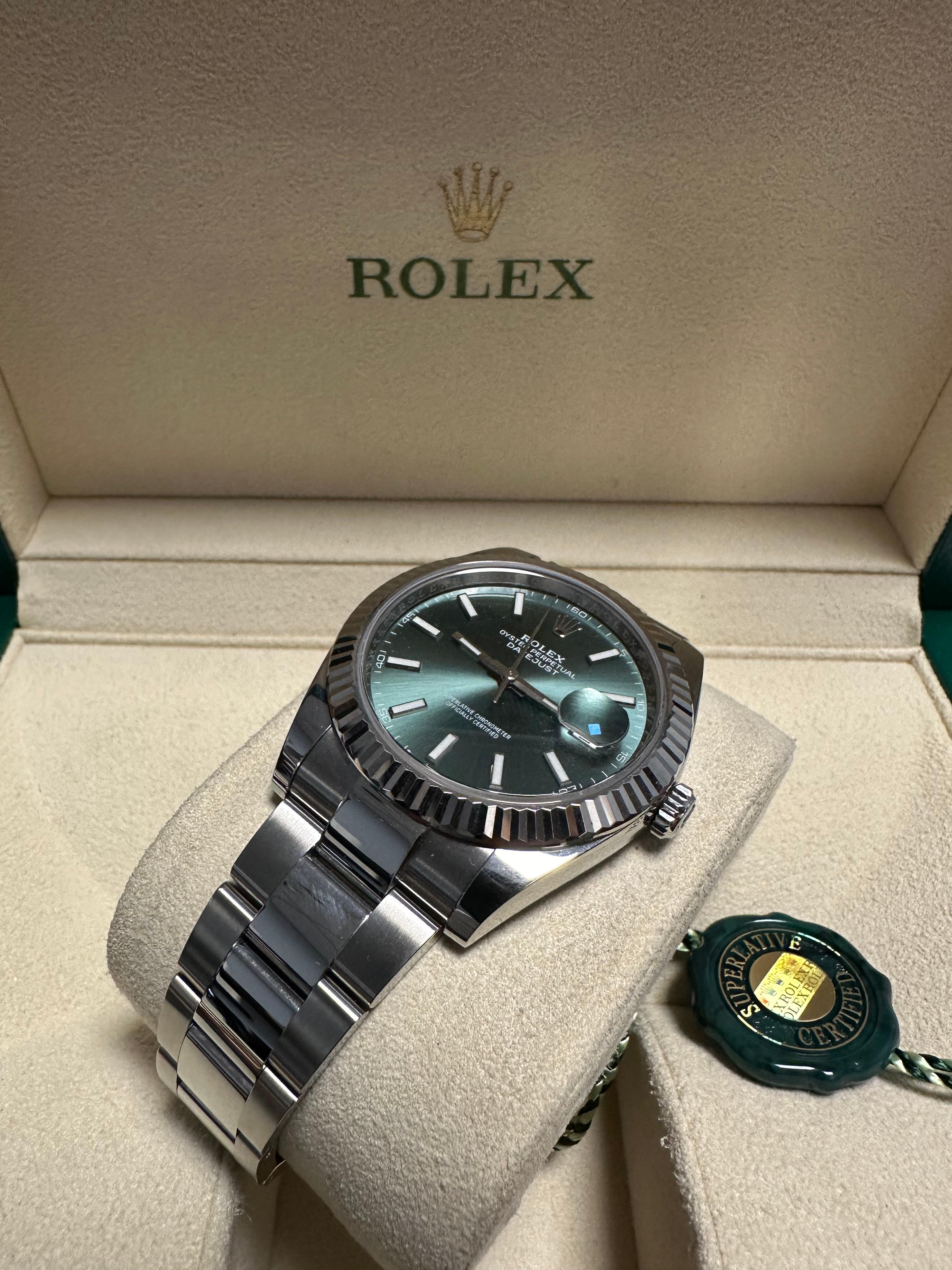 Women's or Men's Rolex Datejust 41mm Stick Green Fluted Oyster Bracelet New & Unworn 126334 Watch For Sale