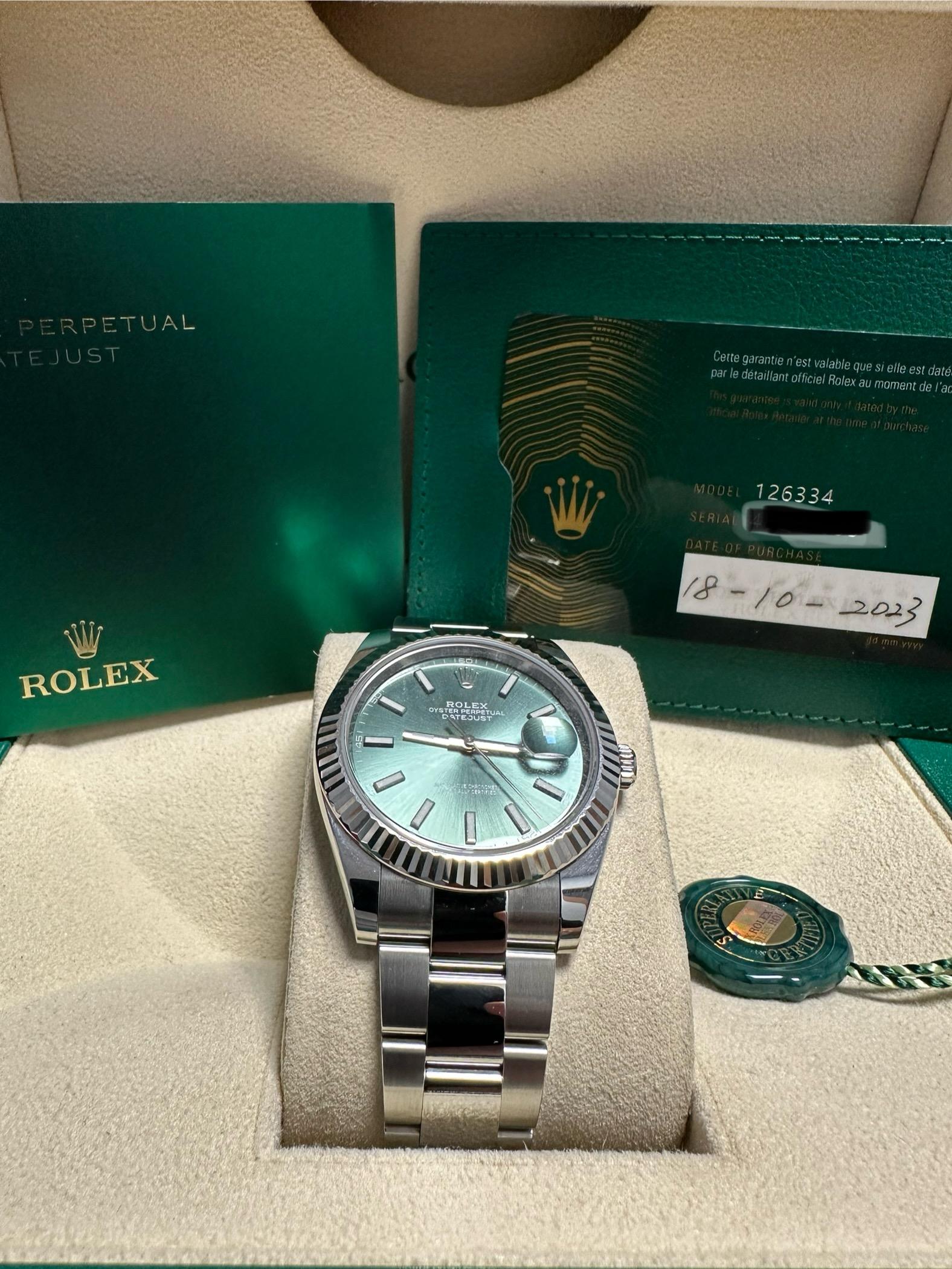Rolex Datejust 41mm Stick Green Fluted Oyster Bracelet New & Unworn 126334 Watch For Sale 4