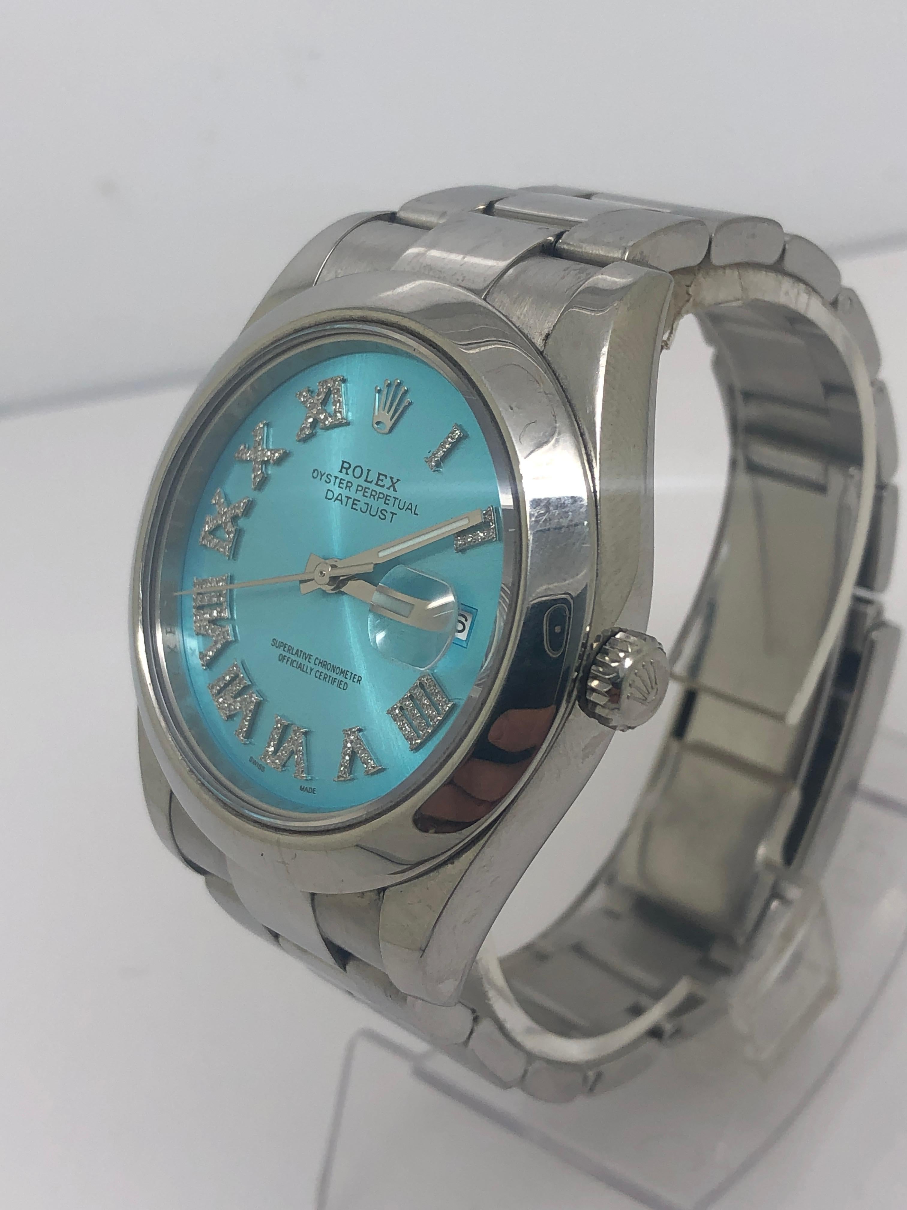  Original Authentic Rolex Watch

Rolex 41mm Datejust Turquoise Roman Dial with diamonds

Dial was customized 

runs perfect

excellent condition
 
comes with box and booklets
