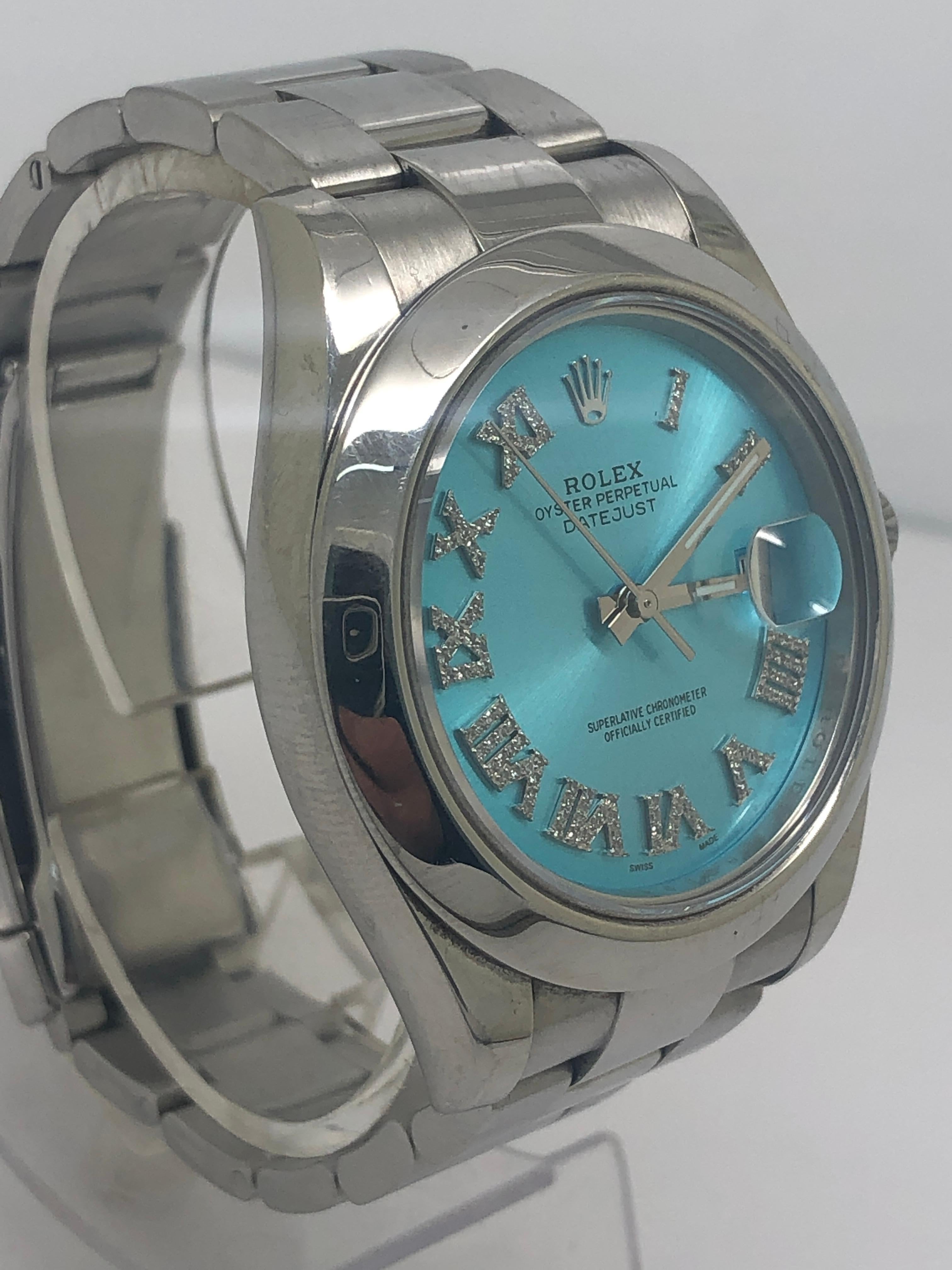 Taille ronde Rolex Montre Datejust à cadran romain en turquoise et diamants, faite sur mesure en vente