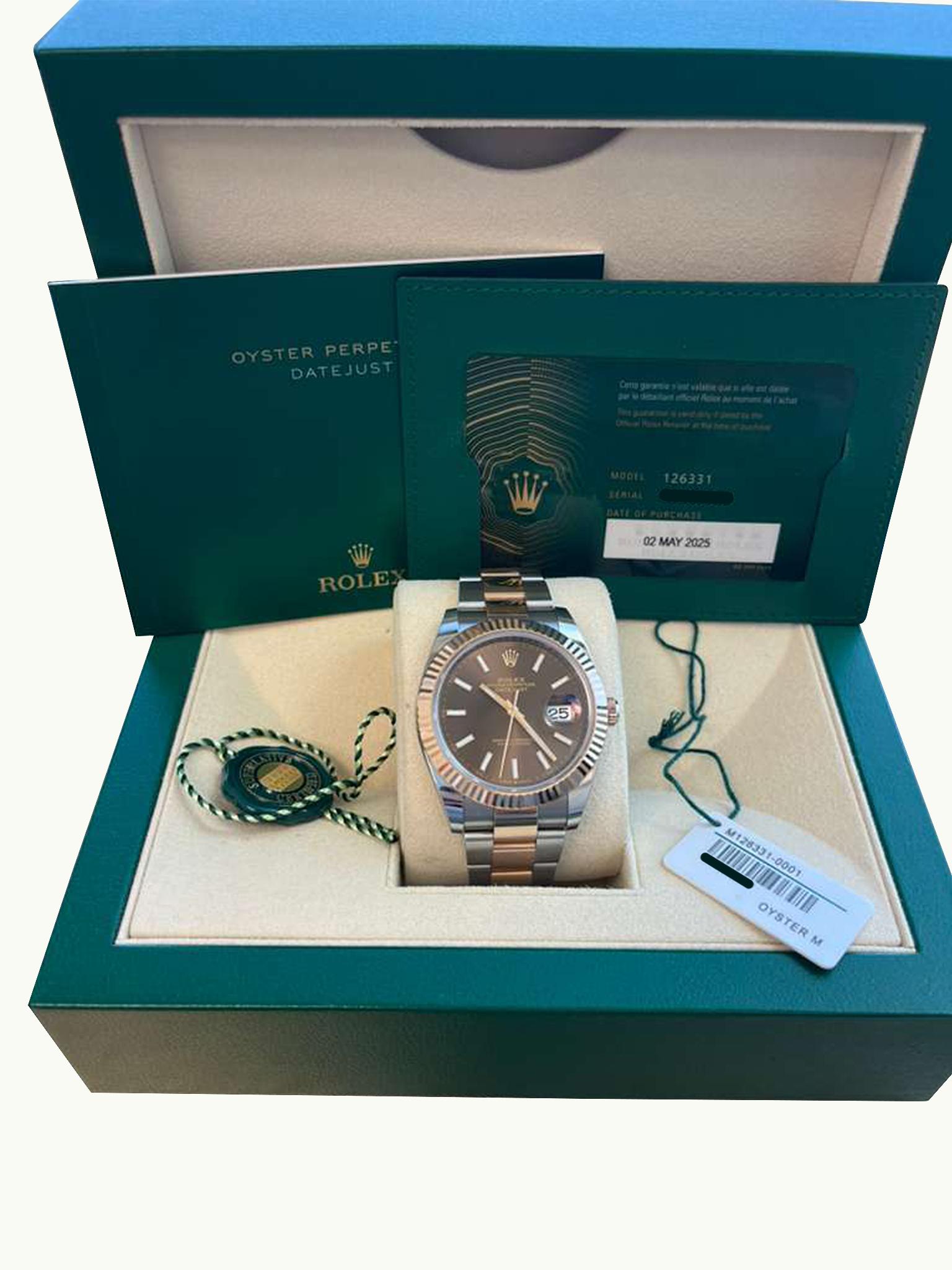 Reloj Rolex Datejust 41 mm Oro rosa bicolor Oystersteel Esfera chocolate 126331 en Nuevo estado para la venta en Aventura, FL