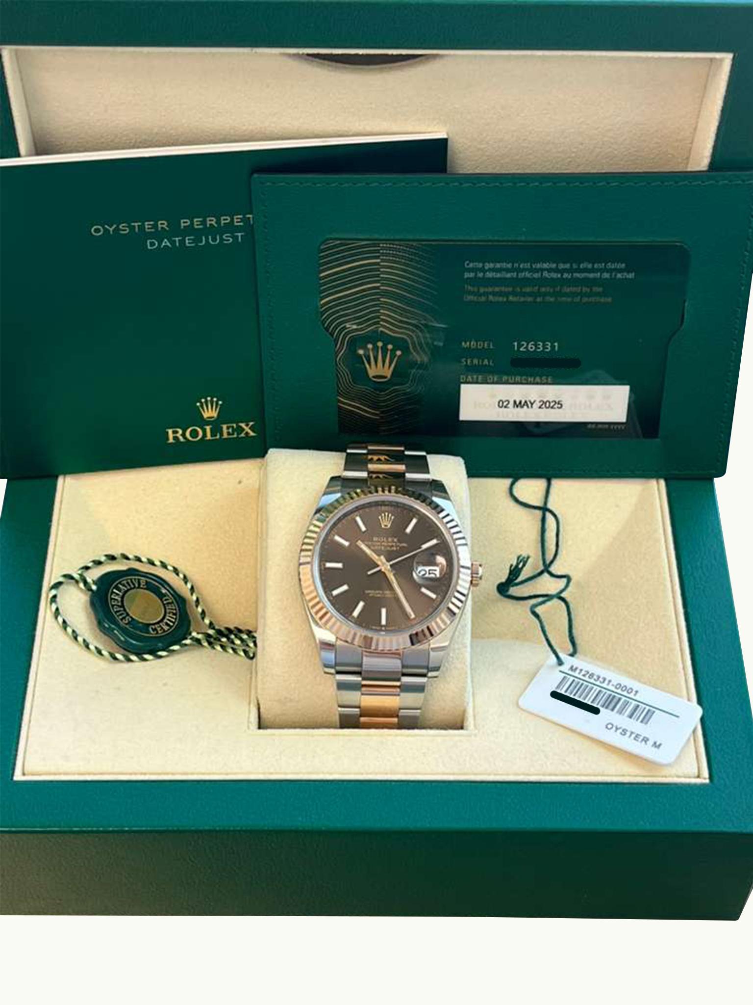 Femenino o masculino Reloj Rolex Datejust 41 mm Oro rosa bicolor Oystersteel Esfera chocolate 126331 en venta