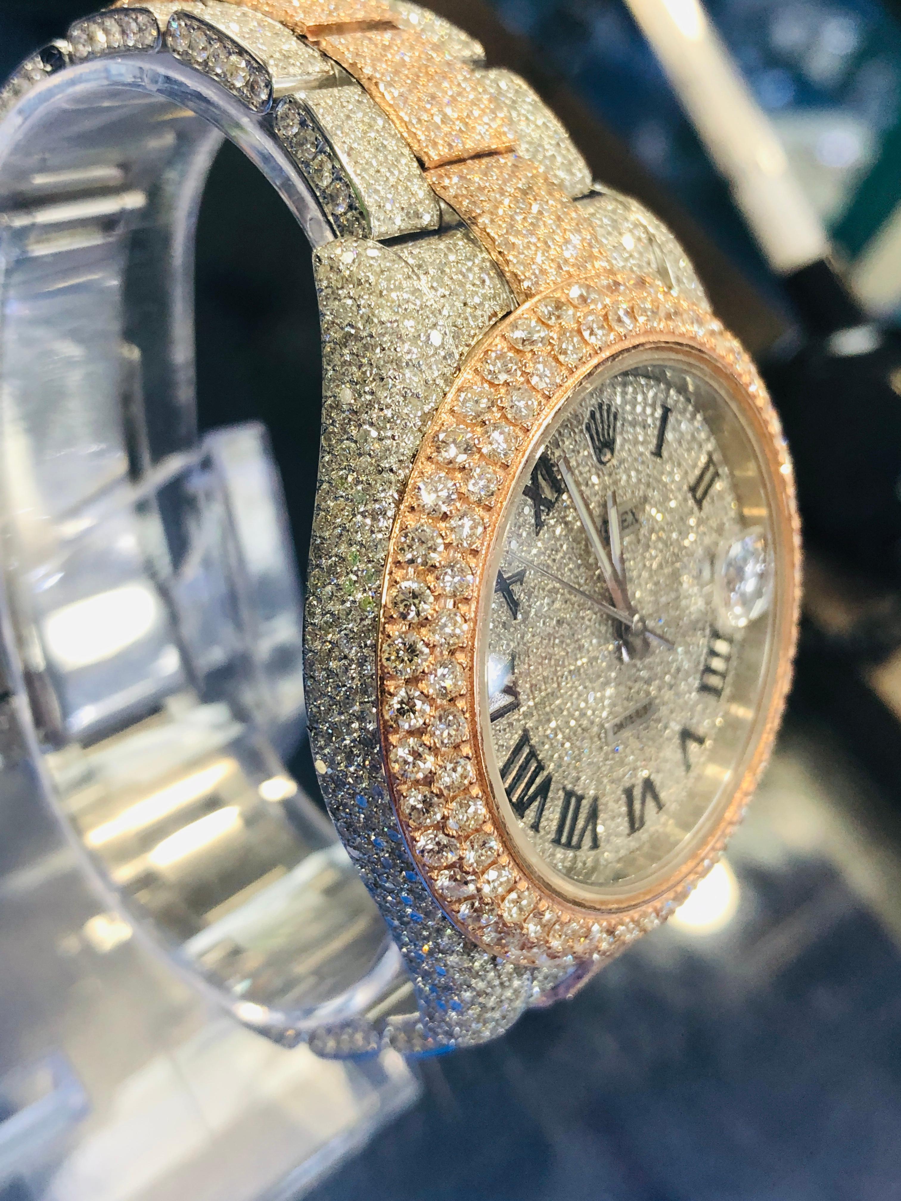 Taille ronde Rolex Montre Datejust en or bicolore avec diamants et huîtres roses écaillées, faite sur mesure en vente