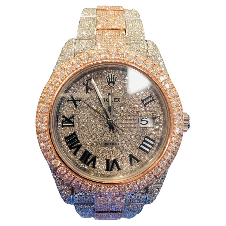 Rolex Datejust Custom Two Tone Rose Oyster Diamond Iced Out Watch For Sale  at 1stDibs
