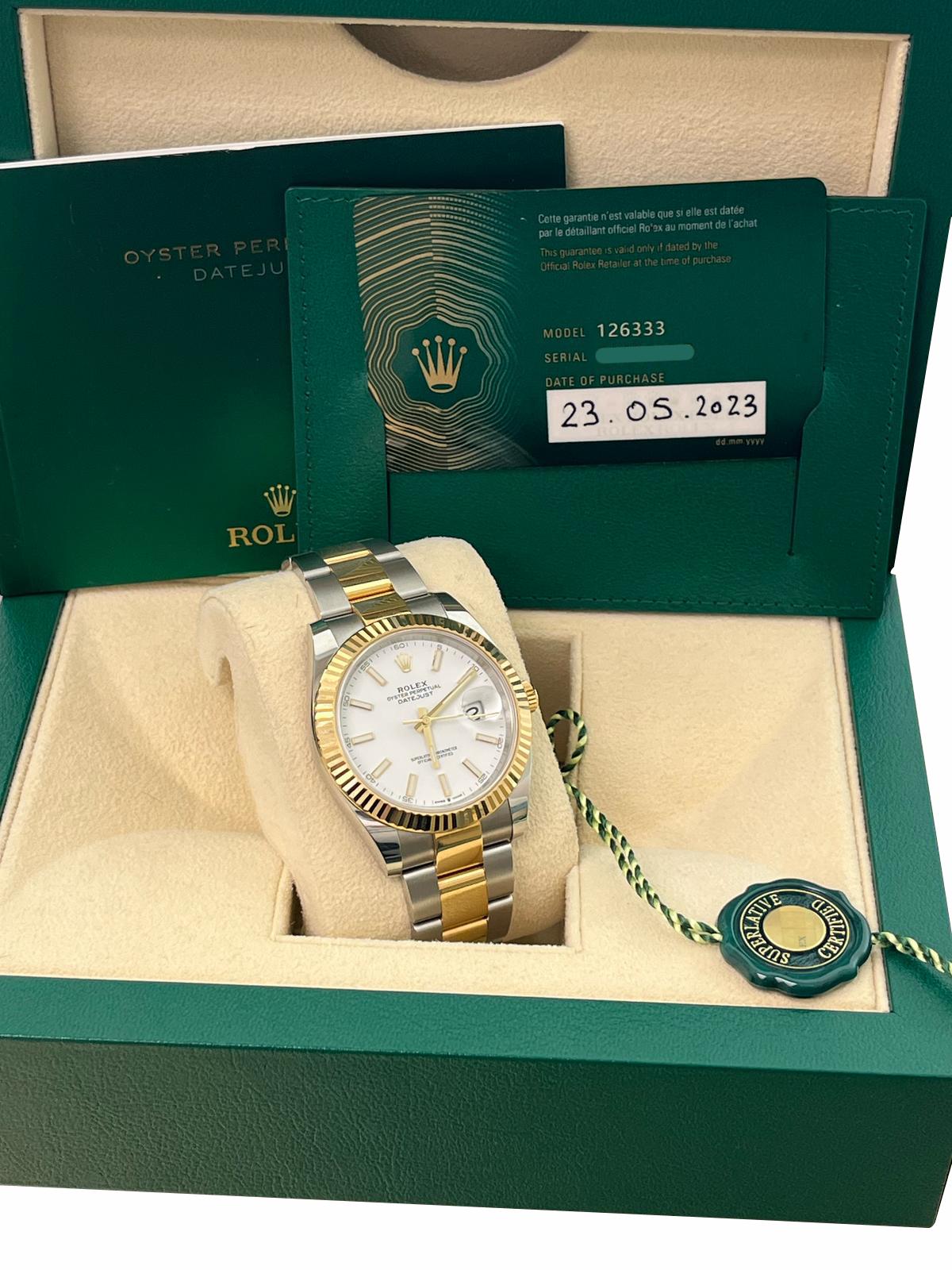 Rolex Datejust 41mm White Index Dial Two-Tone Oyster Bracelet Men's Watch 126333 In New Condition For Sale In Aventura, FL