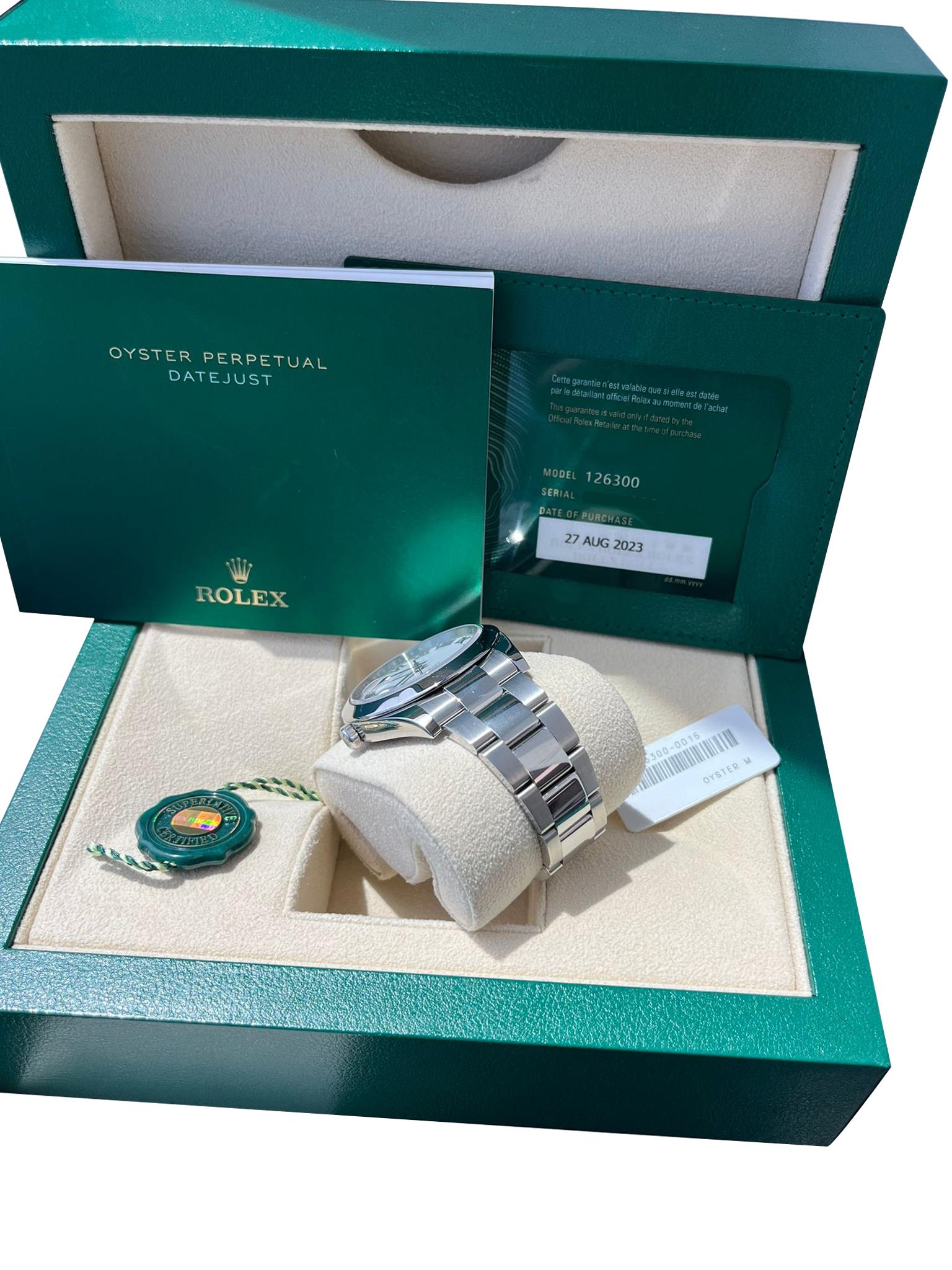 Rolex Datejust 41 mm Weißes römisches Zifferblatt Rauch Oyster Lünette Armbanduhr 126300 im Angebot 6