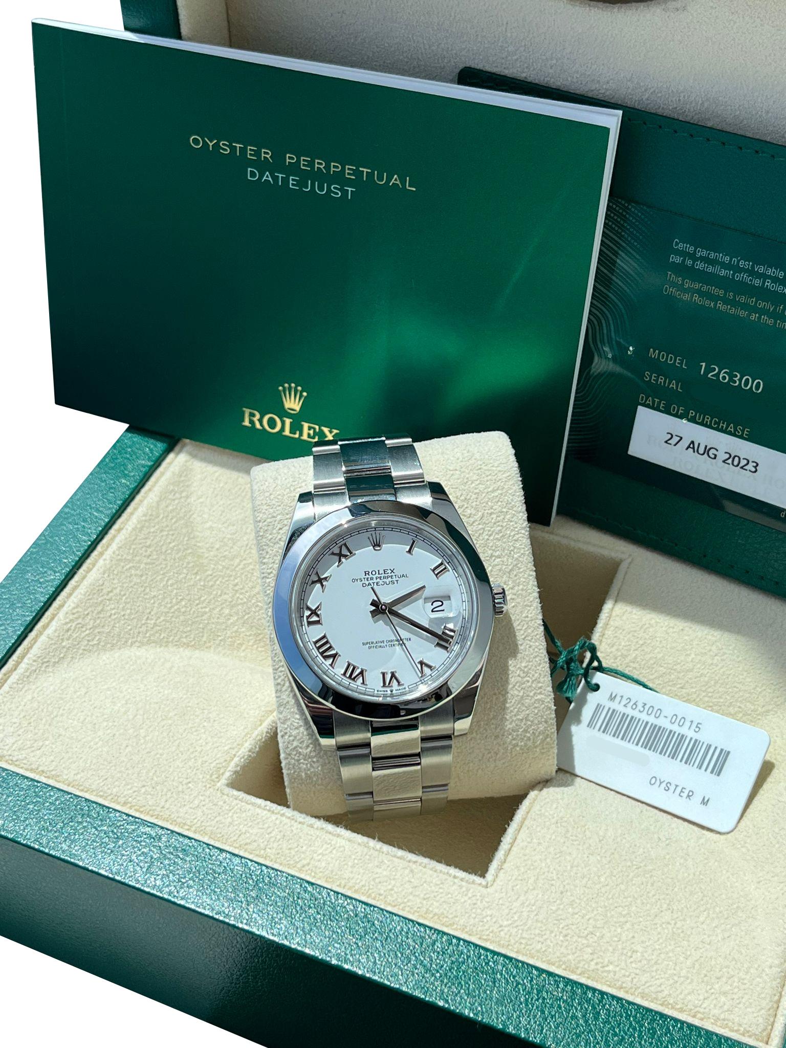 Modernist Rolex Datejust 41mm White Roman Dial Smooth Oyster Bezel Bracelet Watch 126300 For Sale