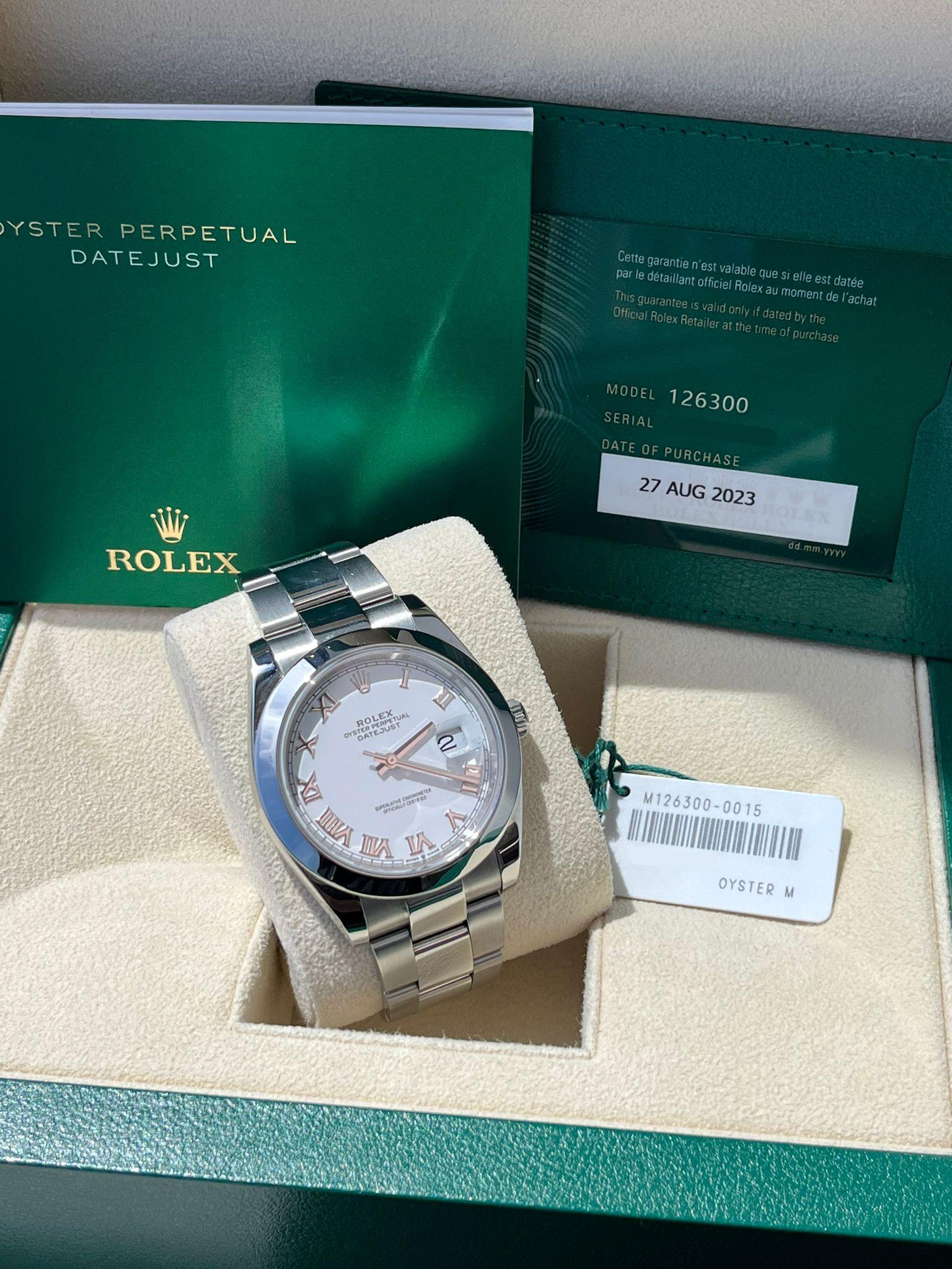 Women's or Men's Rolex Datejust 41mm White Roman Dial Smooth Oyster Bezel Bracelet Watch 126300 For Sale