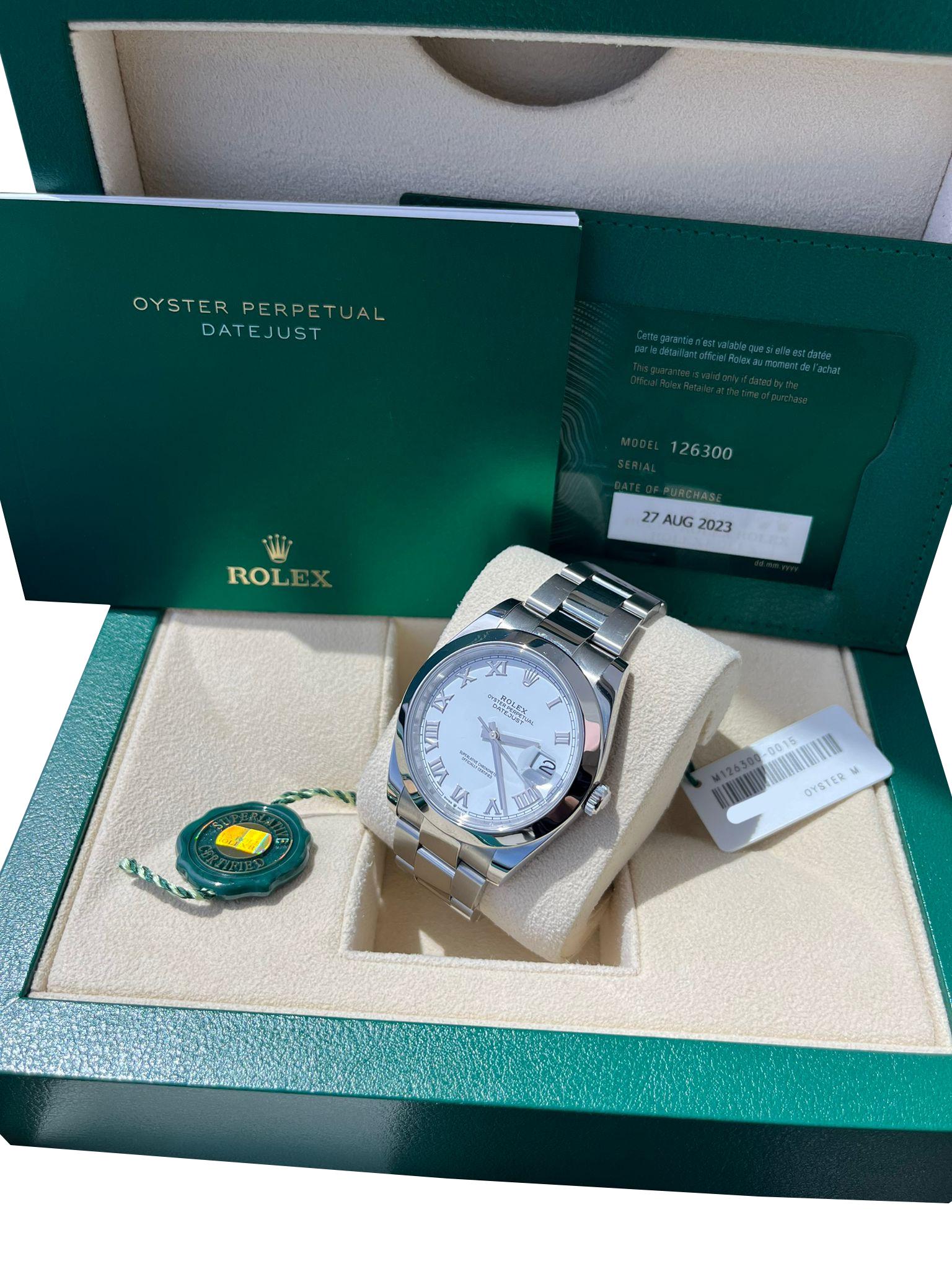 Rolex Datejust 41mm White Roman Dial Smooth Oyster Bezel Bracelet Watch 126300 For Sale 2