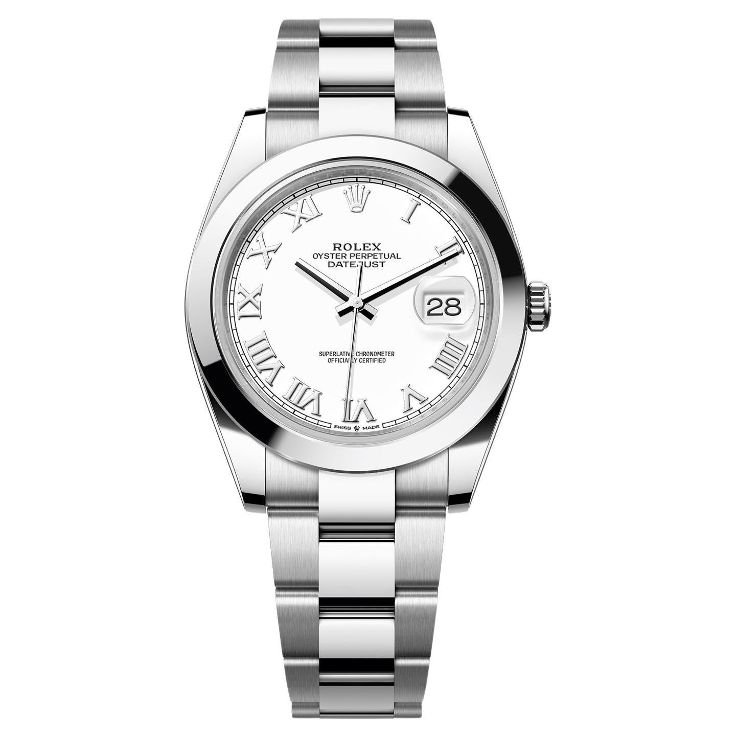 Rolex Datejust 41mm White Roman Dial Smooth Oyster Bezel Bracelet Watch 126300 For Sale