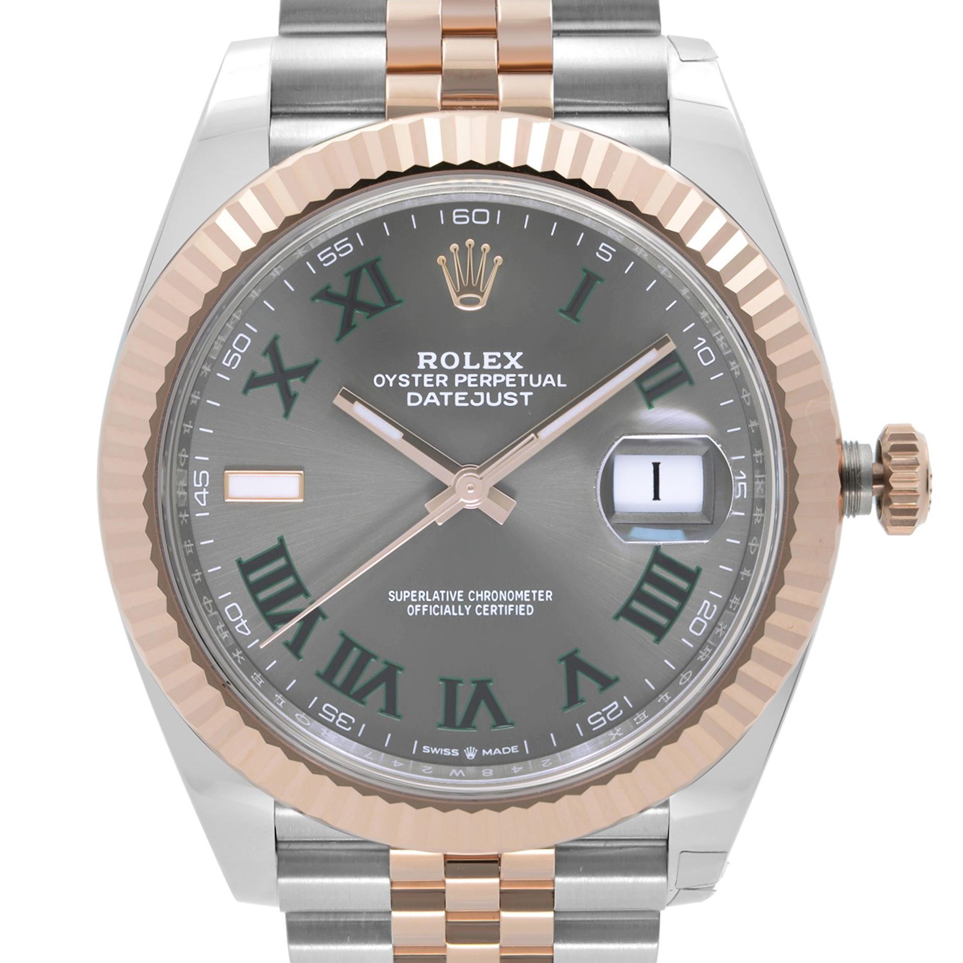 Unworn partially Stickered Rolex Datejust 41mm Wimbledon 18k Everose Gold Steel Dial Men's Watch 126331GYRJ. It comes with a 2021 Rolex Card. This Beautiful Timepiece Features: Stainless Steel Case and Rolex Jubilee Bracelet with 18k Everose Gold