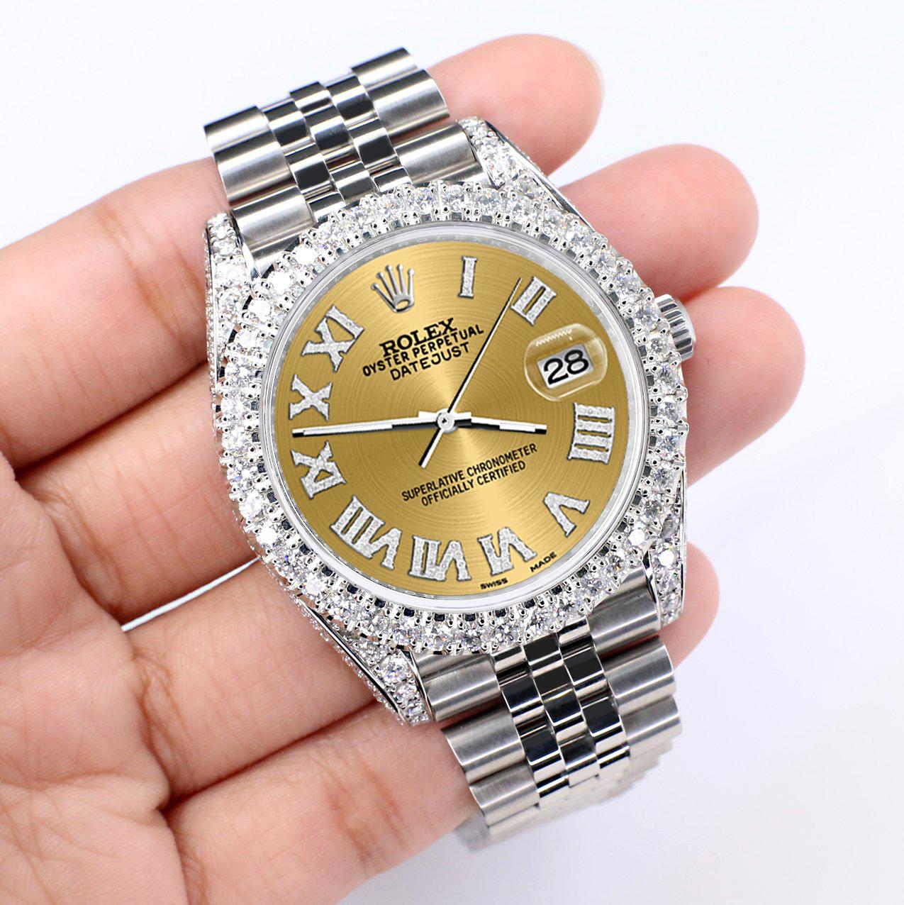 Modern Rolex Datejust 5.9ct Bezel/Lugs/Sides/Champagne Roman Dial Watch Box Papers For Sale