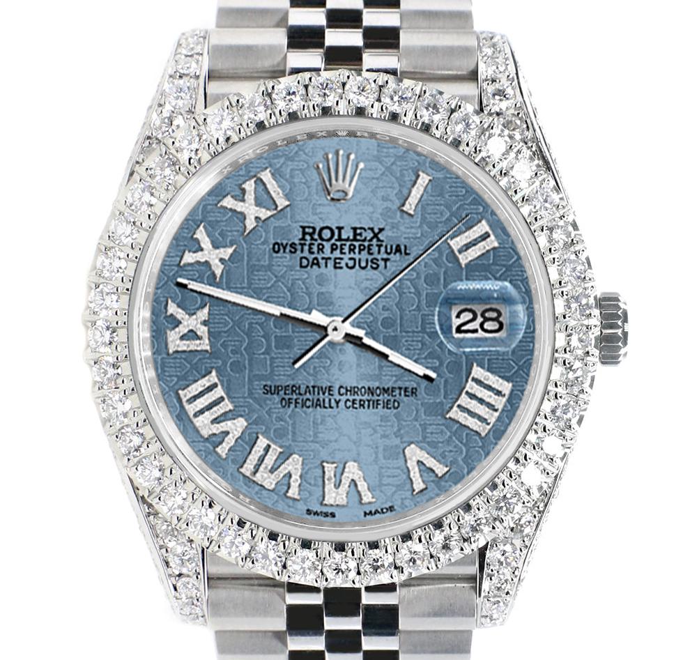Rolex Datejust 5.9ct Bezel/Lugs/Sides/Ice Blue Roman Dial Watch Box
