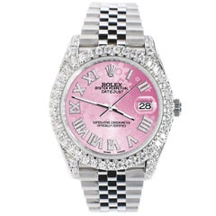 Rolex Datejust 5.9ct Bezel/Lugs/Sides/Pink Flower Roman Dial Watch Box Papers