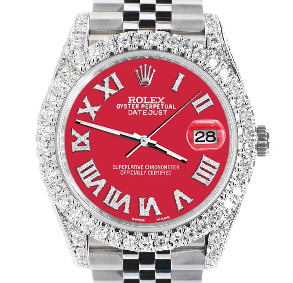 Rolex Datejust 5.9ct Lünette/Lugs/Sides/Schal Rotes römisches Zifferblatt Uhrenkasten Papiere (Moderne) im Angebot
