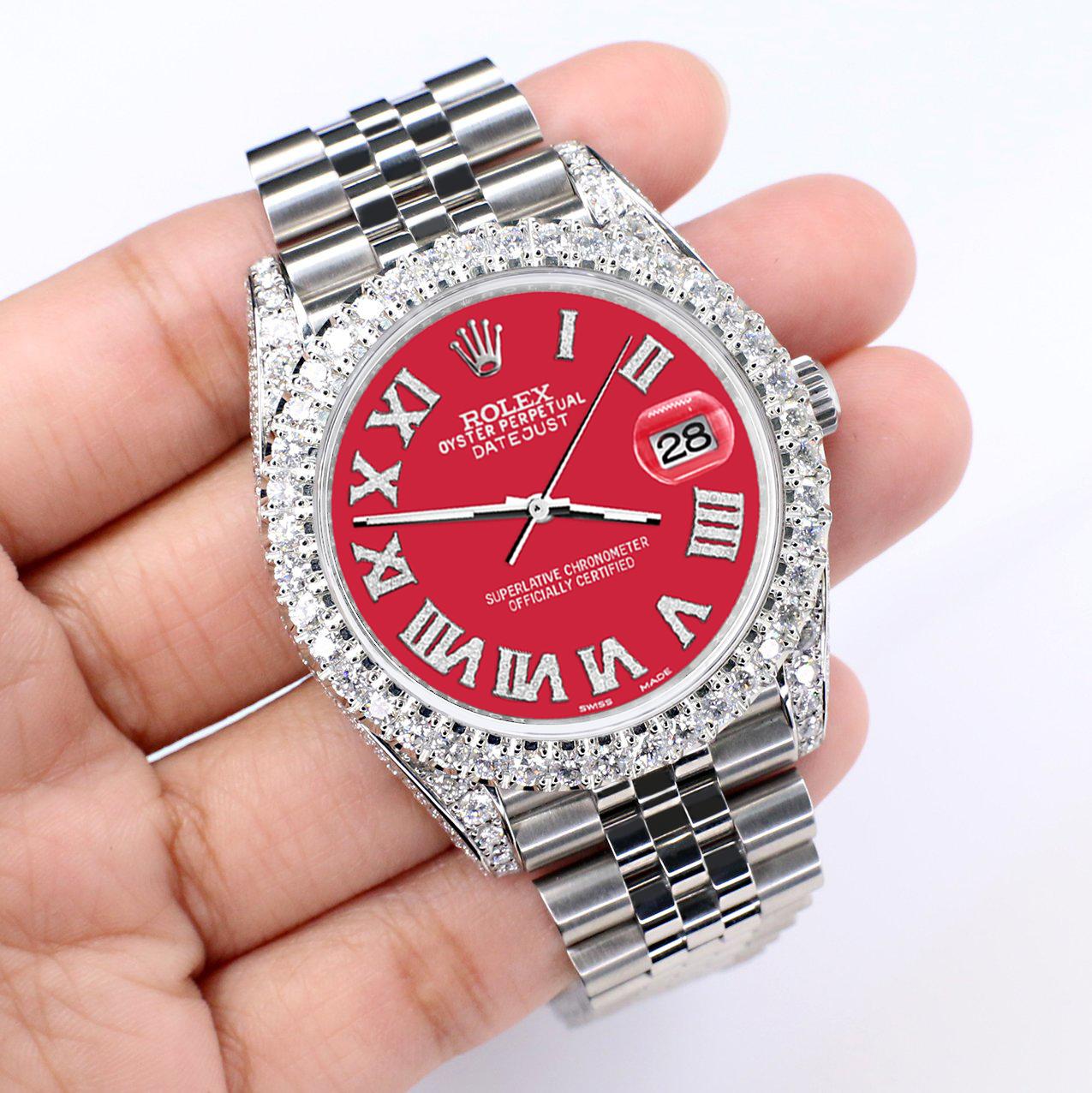 Rolex Datejust 5.9ct Lünette/Lugs/Sides/Schal Rotes römisches Zifferblatt Uhrenkasten Papiere (Brillantschliff) im Angebot