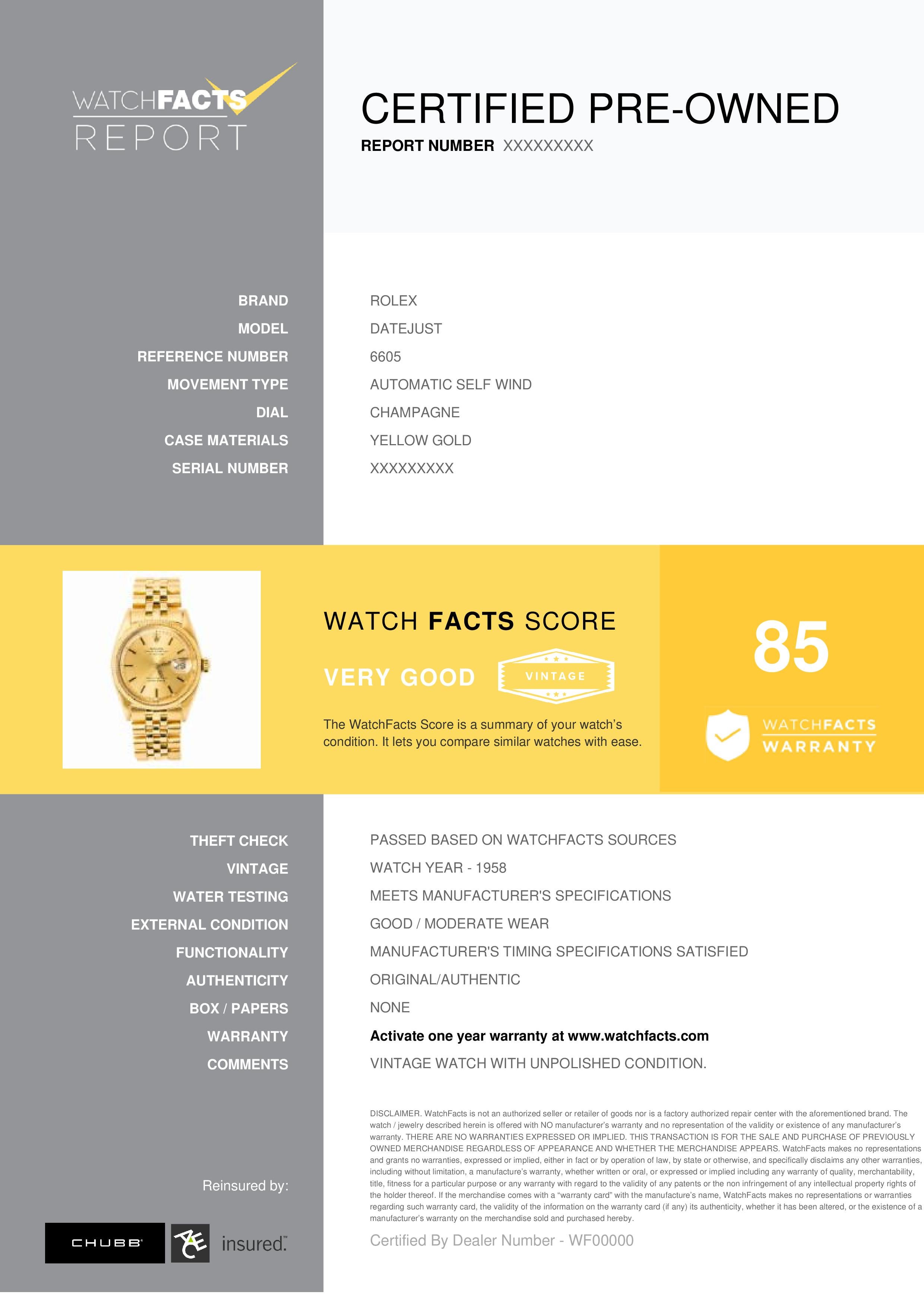 Rolex Datejust Reference #: 6605. Mens Automatic Self Wind Watch Yellow Gold Champagne 36 MM. Verified and Certified by WatchFacts. 1 year warranty offered by WatchFacts.
