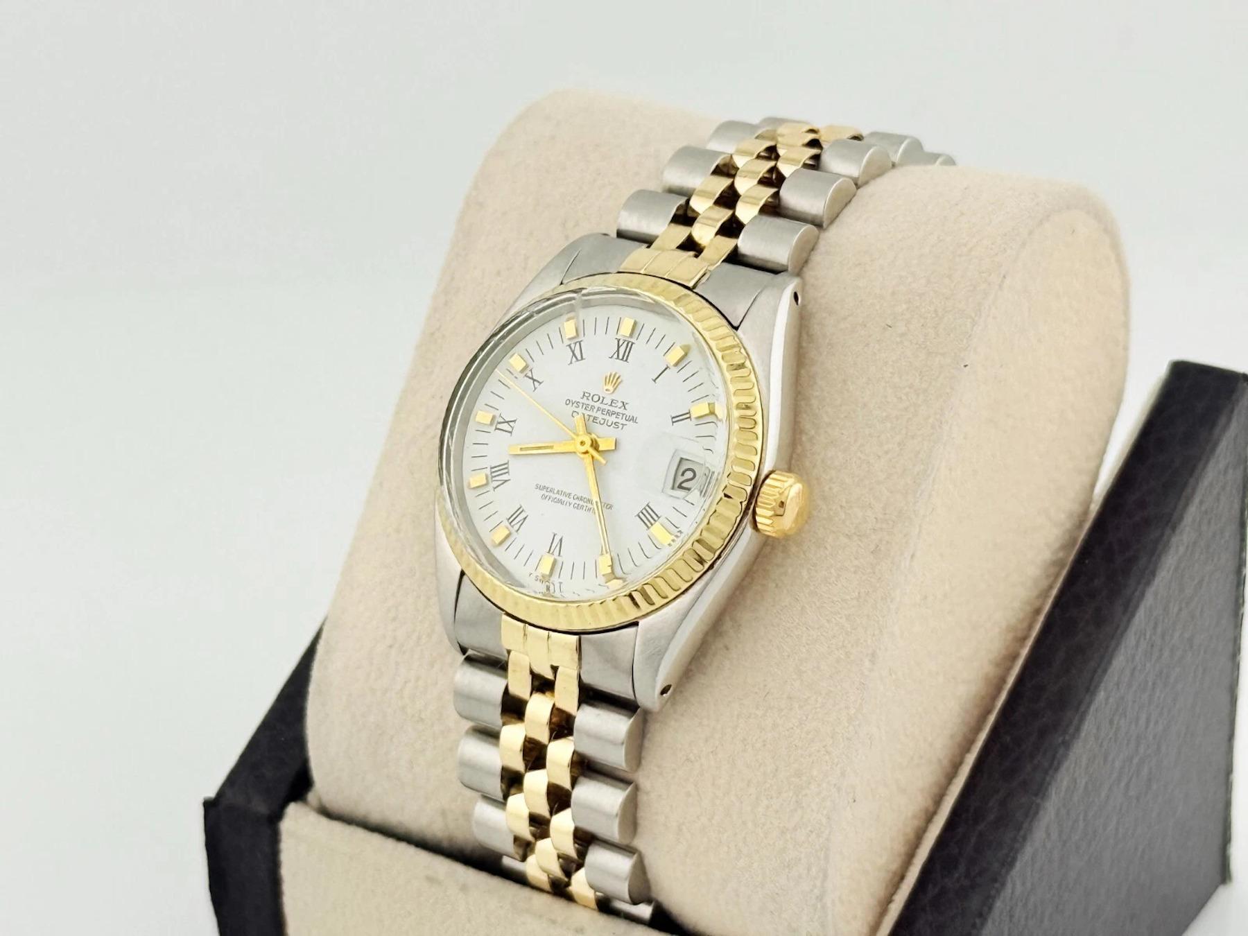 Rolex Datejust 6824 White Roman Dial 14k Yellow Gold Stainless Stee In Excellent Condition For Sale In San Diego, CA
