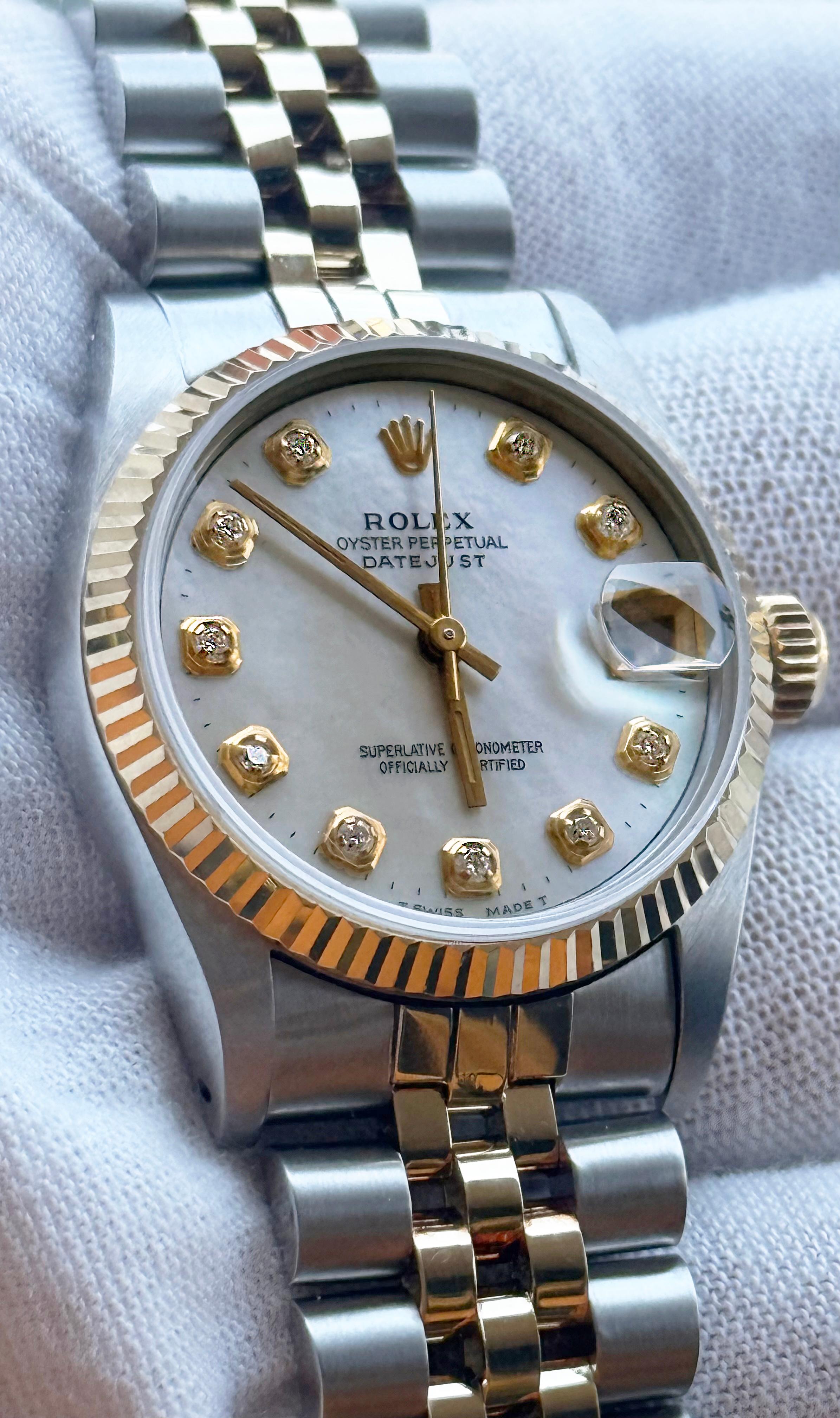 Taglio baguette Rolex Datejust 68240 Midsize 31mm MOP Quadrante di diamanti Oro 14K Acciaio inossidabile