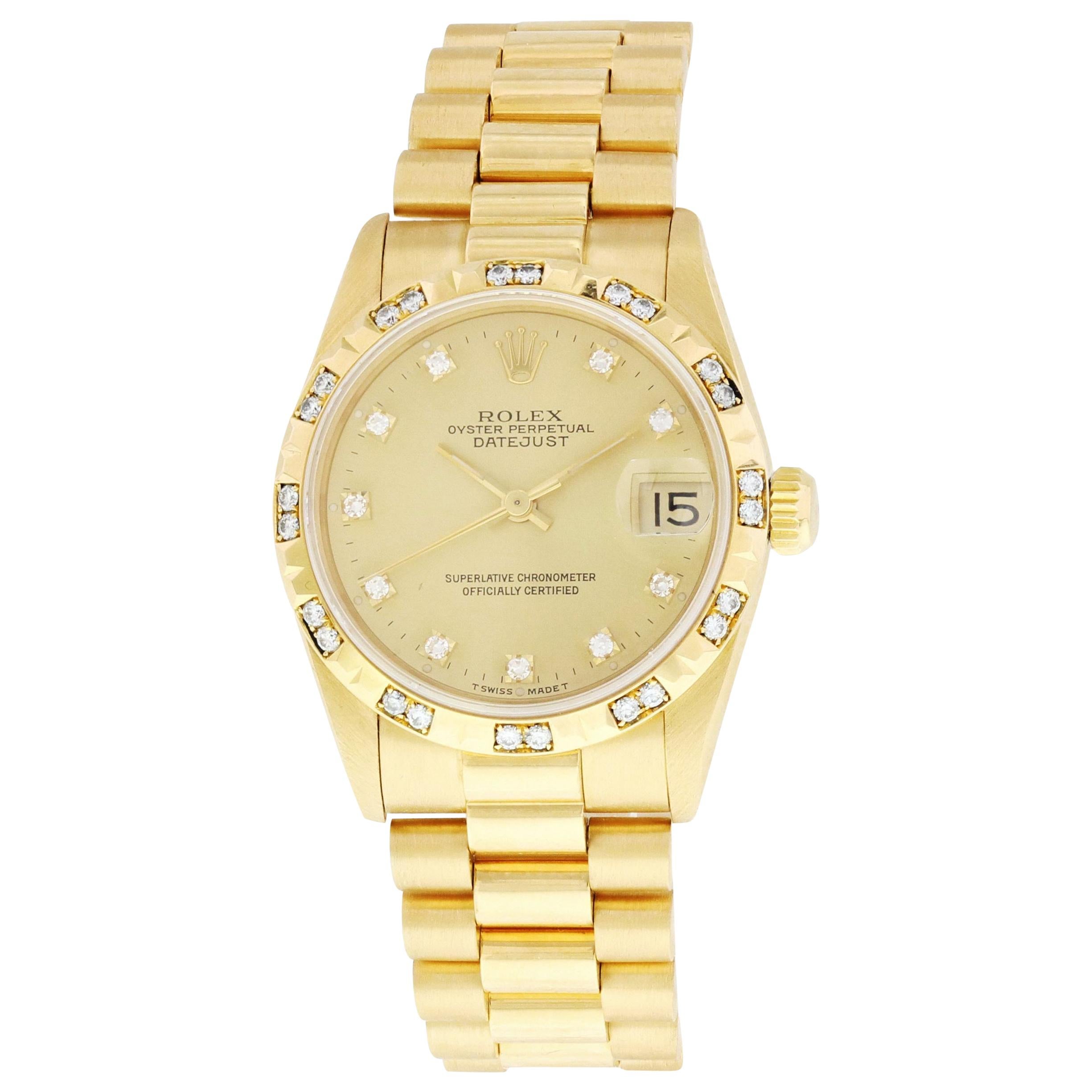 Rolex DateJust 68258 18K President Diamond Dial and Bezel Midsize Ladies Watch For Sale