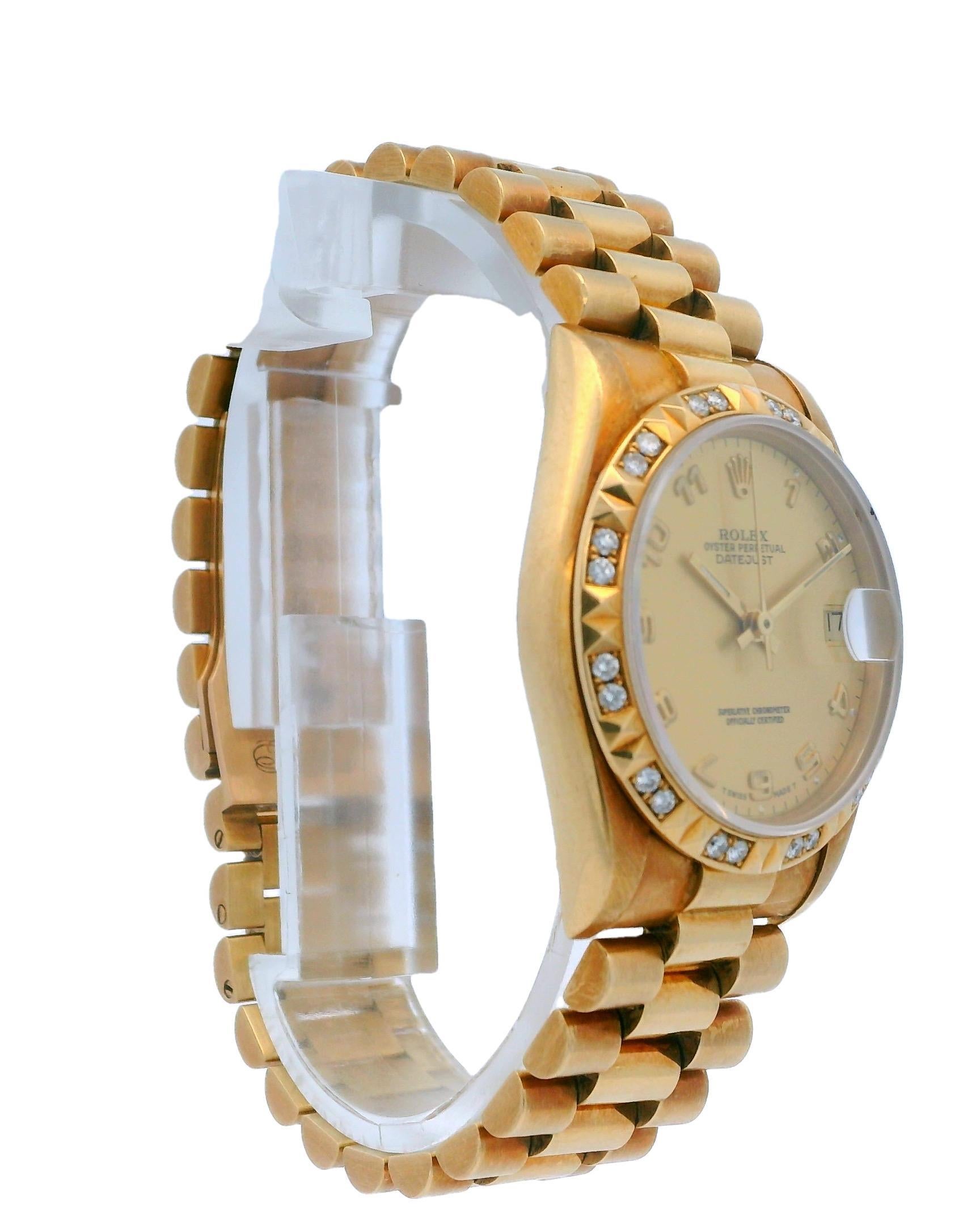 Rolex Datejust 68258 18K Gelbgold Midsize Damenuhr im Zustand „Gut“ im Angebot in Great Neck Plaza, NY