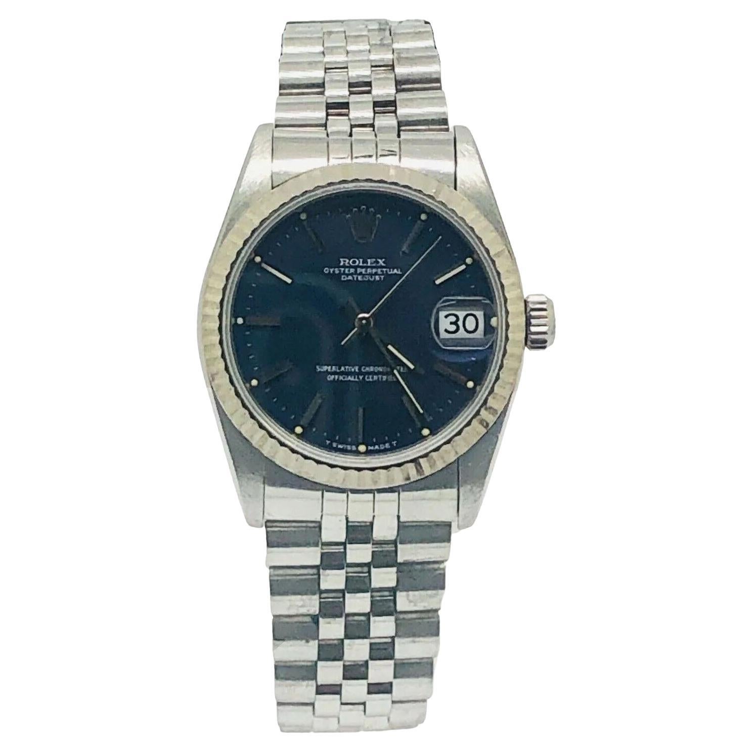 Rolex Datejust 68274 31mm Weißgold & Stahl, blaues Zifferblatt und geriffelte Lünette Uhr im Angebot