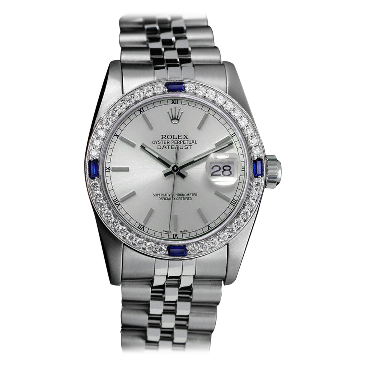 Rolex Datejust 68274 Silber-Stein-Zifferblatt mit Diamant- und blauer Saphir-Lünette