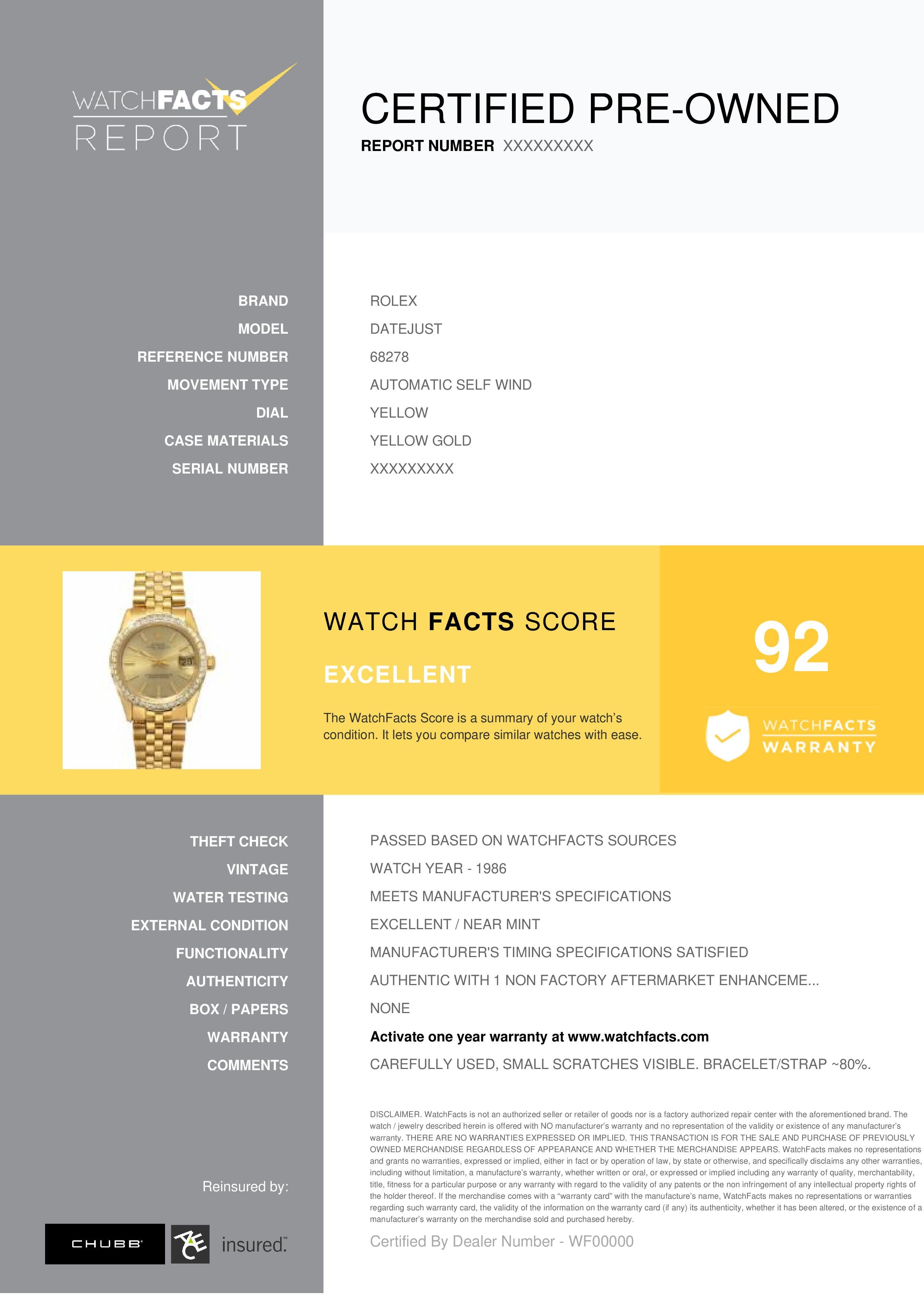 Rolex Datejust Reference #:68278. Rolex Datejust 68278 Midsize Automatic Watch 18K YG Diamond Bezel Gold Dial 31mm. Verified and Certified by WatchFacts. 1 year warranty offered by WatchFacts.

