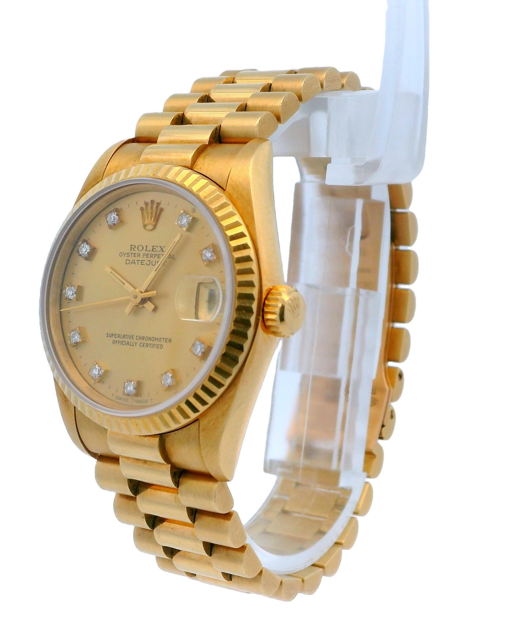 Rolex DateJust 68278 Diamond Champagne Dial Ladies Watch In Excellent Condition For Sale In Great Neck Plaza, NY