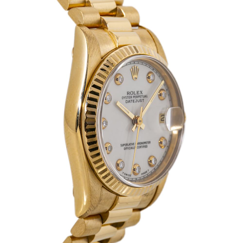 Contemporary Rolex Datejust 68278 Factory Diamond Dial President 18K Gold Midsize Watch For Sale