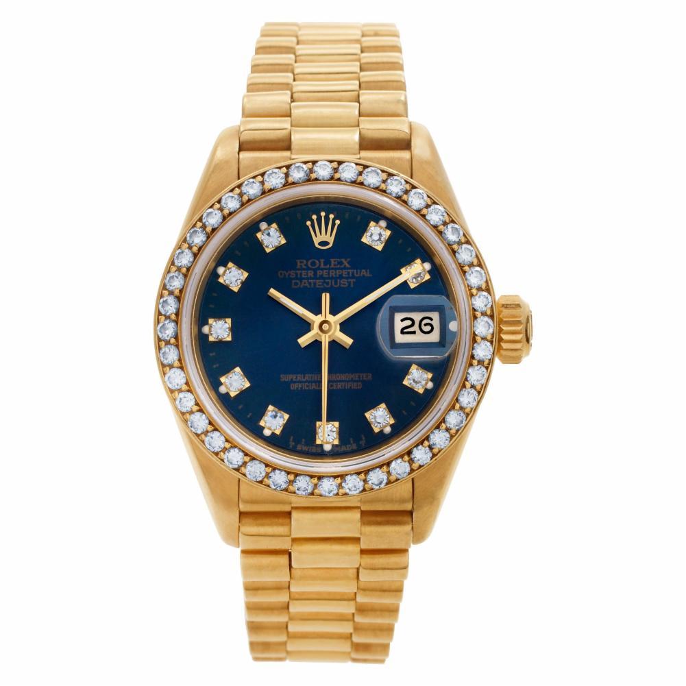 Rolex Datejust Reference #:69138. Ladies Rolex Datejust in 18k gold with original blue diamond dial & custom diamond bezel. Automatic with sweep seconds and date. With box and booklets. Ref 69138. Circa: 1989. Fine Pre-owned Rolex Watch. Certified
