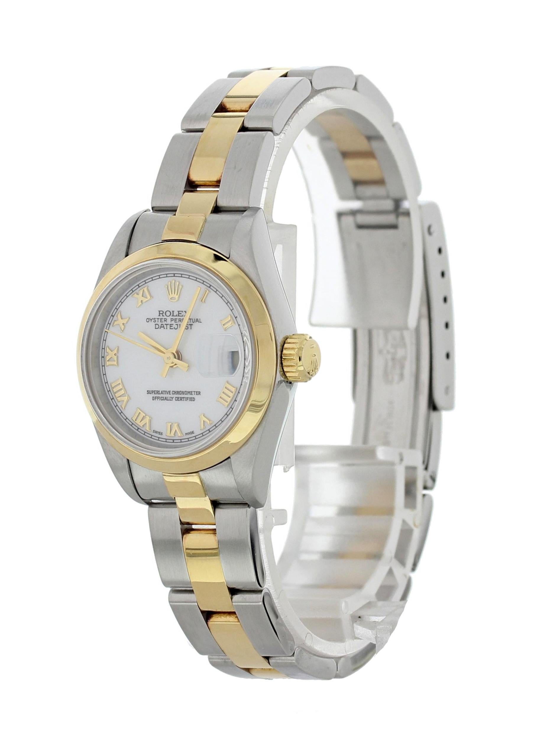Rolex Datejust 69163 Ladies Watch. 26mm stainless steel case with an 18k yellow gold smooth bezel. white dial with gold hands and Roman numeral hour markers. Minute markers around the outer rim. Quickset date display. Two-tone stainless steel and