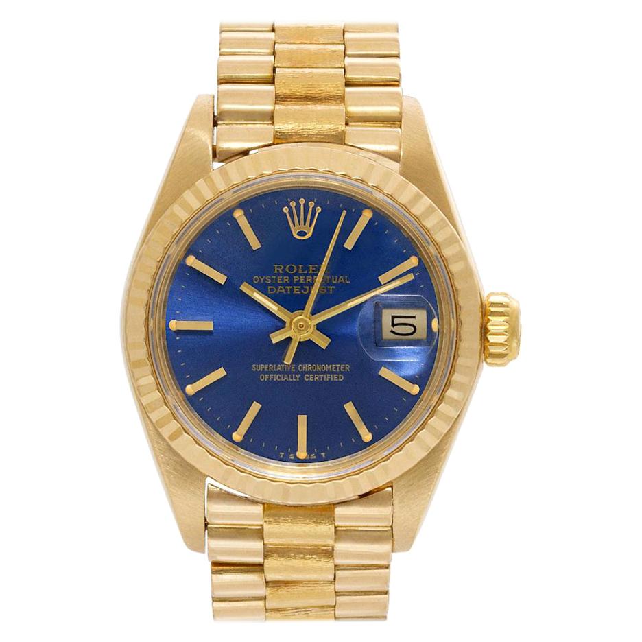 Rolex Datejust 6917 18 Karat on Custom Band Blue Dial Auto Watch, circa 1978